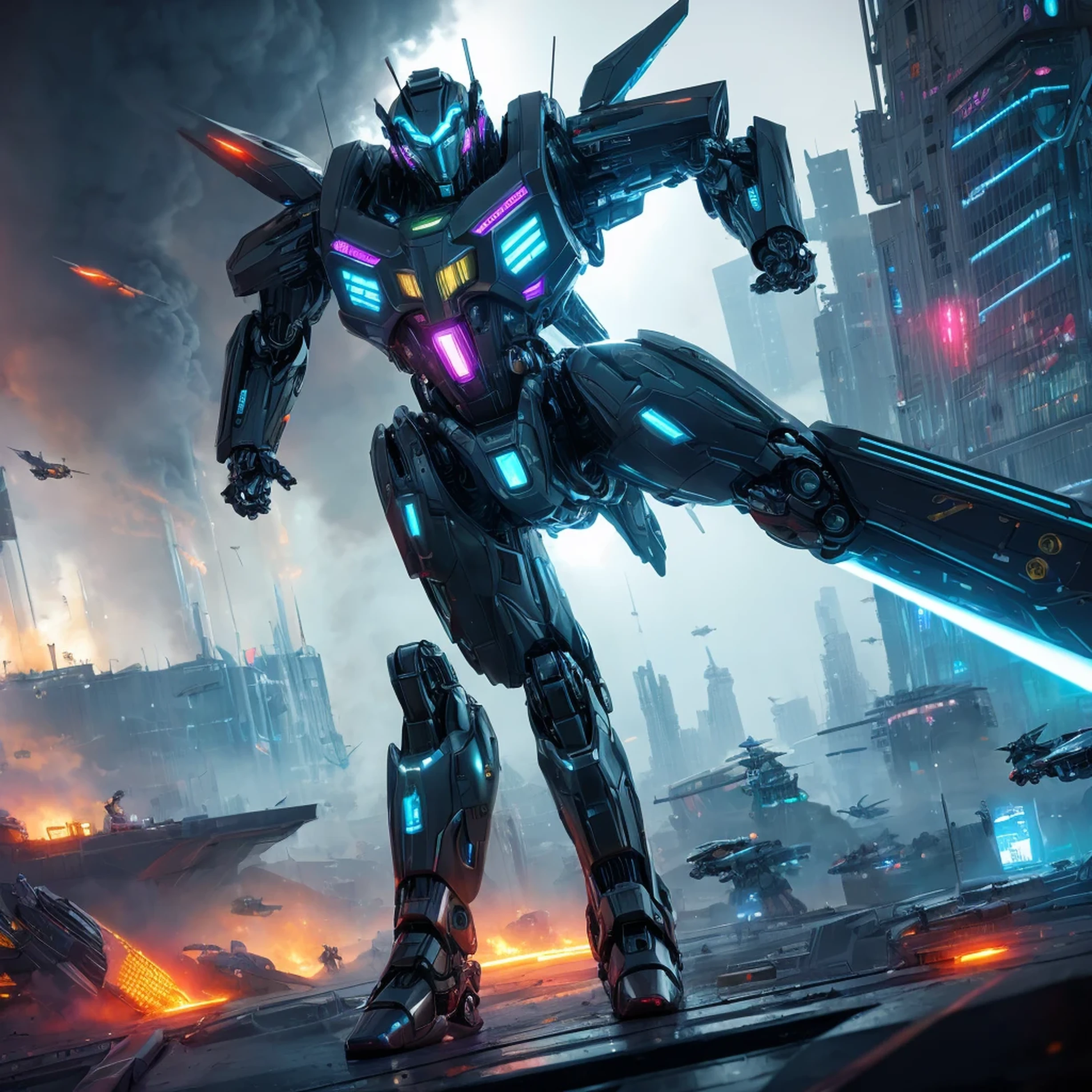 masterpiece,official art,8k, masterpiece, best quality, highly detailed, futuristic, dynamic, glowing, metallic, robotic,, , cybernetic world,mecha:1.2,energy waves,explosions,high-tech buildings,neon lights,smoke and dust.