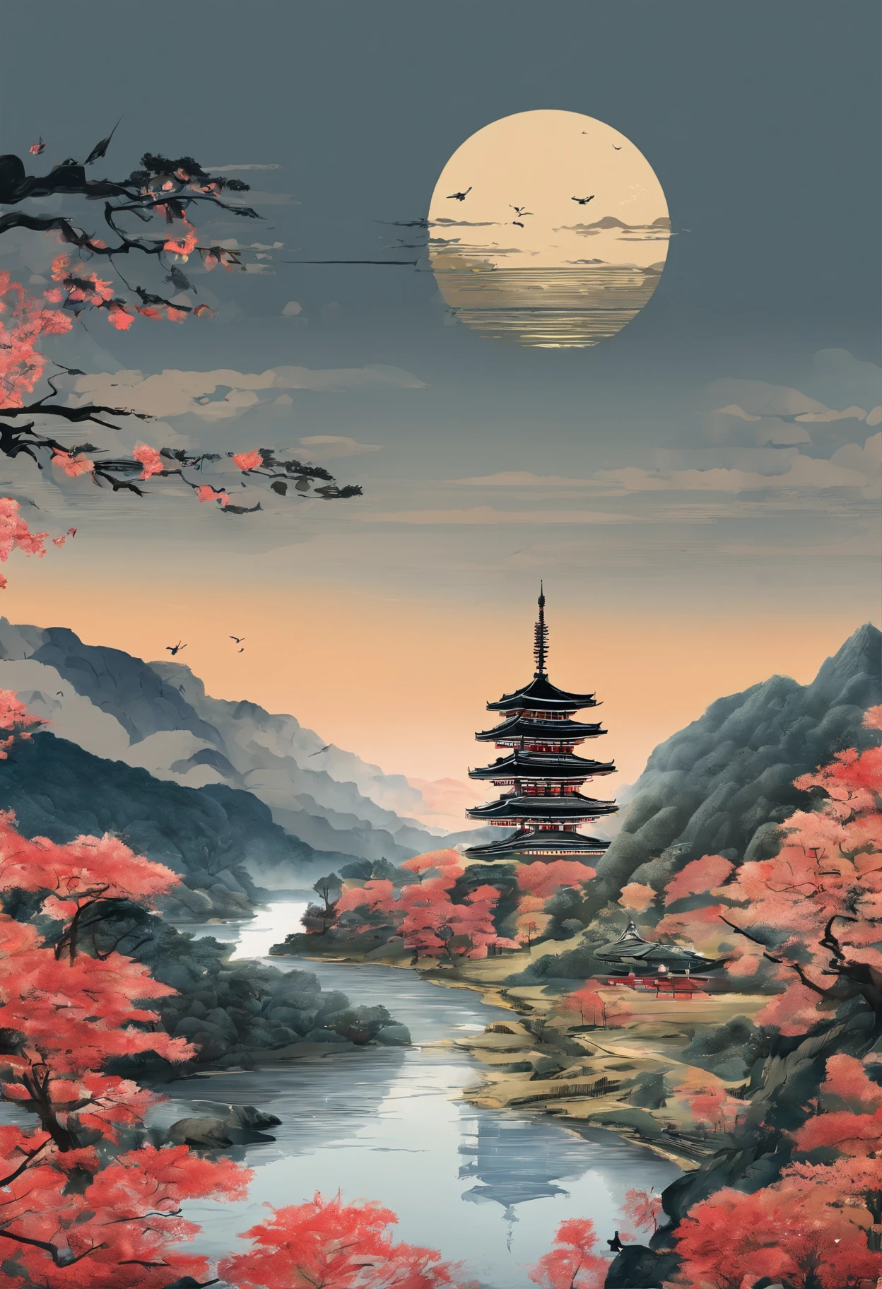 (Masterpiece), (Best quality), (best detail), (Distant general view), (The feeling of a poster),japanese templeive-storied pagoda,waxy candles,darkly,Light,The shadow the tower,( cut out)