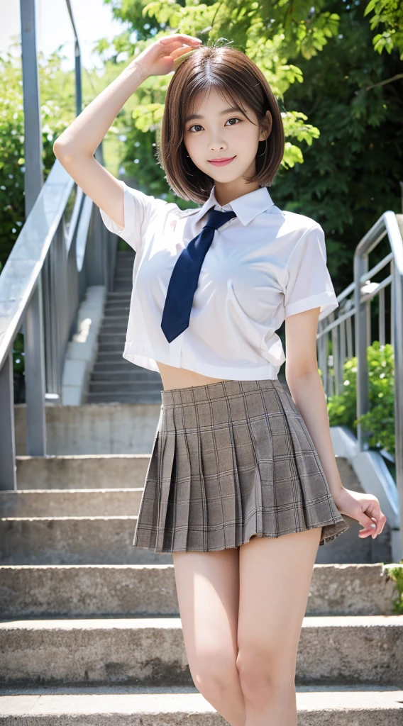 (Japanの女の子、15 years old、Same height:1.2)、Camel Toe、Very detailedな CG Unity 8k 壁紙, highest quality, Very detailed, masterpiece, Realistic, photo Realistic, Photographing the whole body from a distance、((smile:1.7))、((Very detailedなかわいい Japanの女の子)), (((Try lifting your skirt yourself:1.5))), (Lift your skirt up yourself),  (((masterpiece)))、Camel Toe、 ((Detailed skin))、Natural Makeup、Blushing、Lips parted, Looking at the audience  , School blazer uniform、Checkered pleated skirt、Ribbon tie、Knee-high socks、Brown Loafers、Japan、city、Black Short Hair ,Thin legs、2 legs、Camel Toe、White skin、shy、nude、((Young junior high school students))