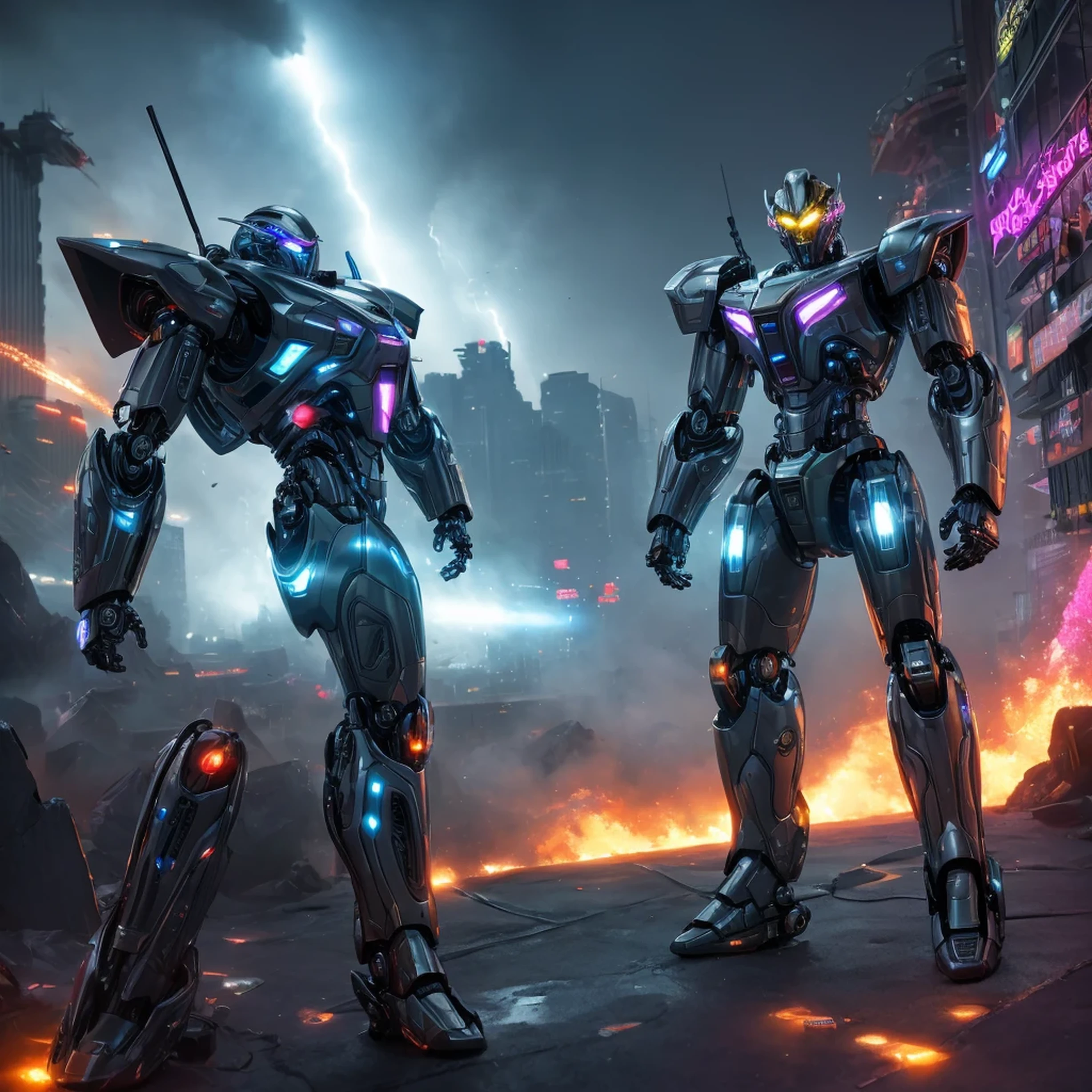 masterpiece,official art,8k, masterpiece, best quality, highly detailed, futuristic, dynamic, glowing, metallic, robotic,, , cybernetic world,mecha:1.2,energy waves,explosions,high-tech buildings,neon lights,smoke and dust.