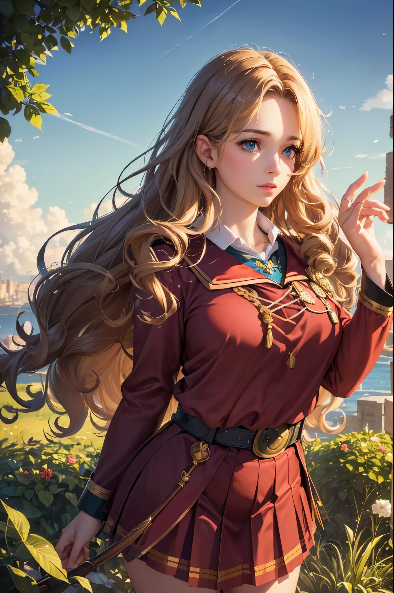 (best quality,4k,8k,highres,masterpiece:1.2), ultra-detailed, (realistic,photorealistic,photo-realistic:1.37), portraits,girl, long hair, (((curly hair))), messy hair, (((golden hair))), (ultramarine blue eyes), (big chest), curvy body (medium:1.1),(((gryffindor uniform:1.1)))), (((hogwarts uniform))) vibrant colors, soft lighting, enchanting background, mysterious atmosphere, magical feel, greenery, flowers, vintage aesthetics, curly smoke, flowing wind, dreamy appearance, magical wand, confident posture, captivating gaze