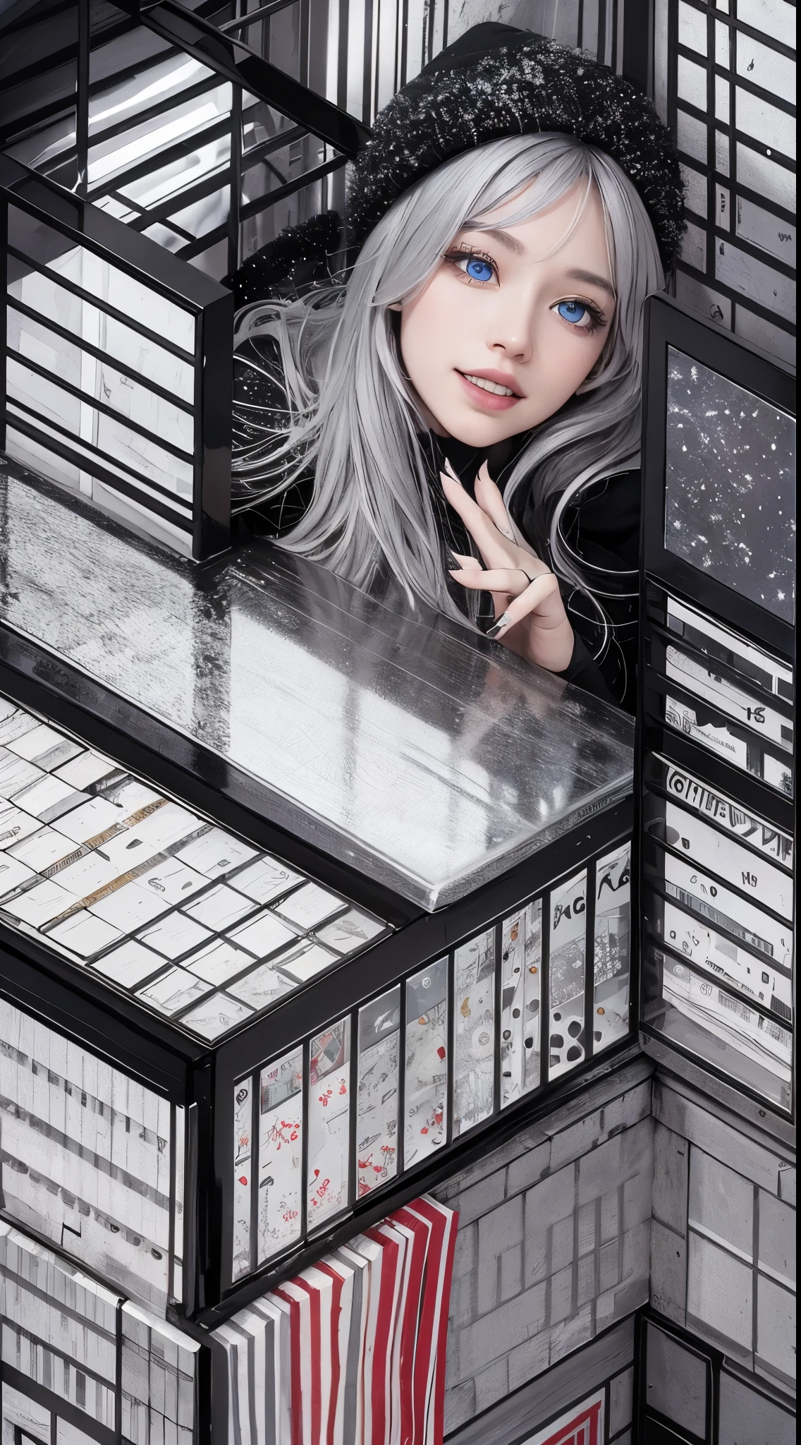 (Realistic:1.8), (Digital art:0.2), (Geometric art:1.7),(agpi official art, beautiful and aesthetic, ultra detailed, beautiful, masterpiece, best quality:1.6), (1girl:1.2), Detailed face, Detailed eyes, Detailed hair, young fingers, Detailed fingers, five fingerREAK cute ig model, Japanese cute model, 22 years old, Tightened all body, small head, small face, small mouth, diamond Face, small nose, Sharp Faceline, (dropy eyes, Double eyelid, Light color eyes, Glossy eyes, Shiny eyes:1.2), Shiny skin, shiny hair, (gray hair:1.2),
_
BREAK (happy, smile, Teeth, Glossy Lip:1.2),beautiful Teeth, (upper body:1.5), sitting, from front,
_
BREAK (sweatshirt santa:1.2), (black and white theme:1.2), (oversized black sweatshirt with white fuzzy trim:1.2), (santa hat:1.2), (red and white candy cane leggings:1.2),
_BREAK
(snowflake patterned white high socks:1.2), (black platform boots:1.2), (holding a sack with black and white presents:1.2),
_BREAK
(snowy winter night:1.2), (standing with arms outstretched:1.2), (camera angle from below:1.2),