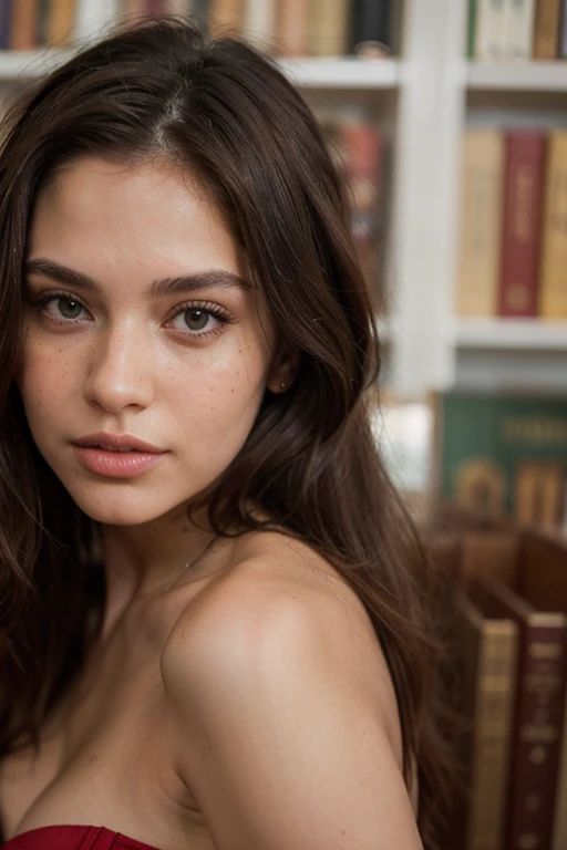 ((best quality)), ((masterpiece)), (detailed), perfect face realistic photo of beautiful woman with long dark brown hair, Russian, influencer, light freckles, dark brown eyes, big lips, no makeup, instagram, in a library, wearing thight lace dress