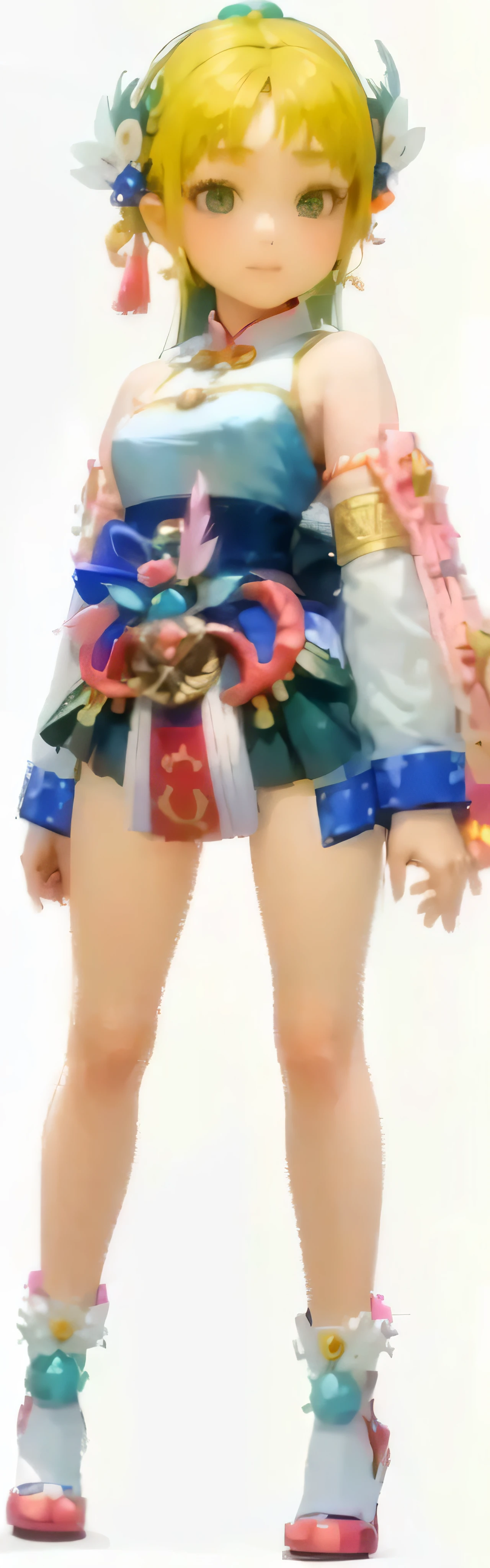 a close up of a girl, ornate korean costume, polearm behind her, clothes themed on a peacock mage, sakura kinomoto, ultra high pixel detail, hand on hips, thighs focus, upper torso included, thighs close up, extremely high level of detail