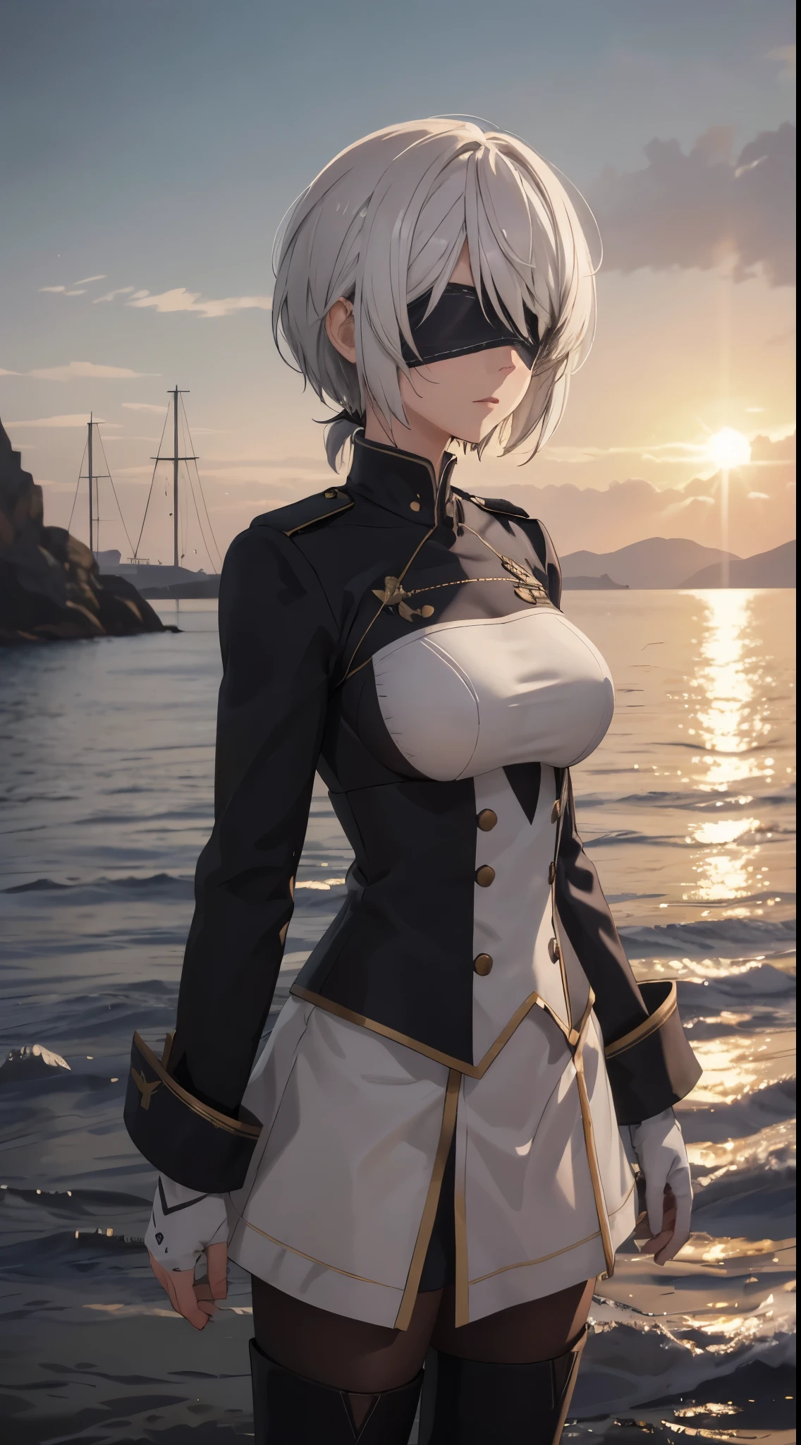 (extremely detailed CG unity 8k wallpaper), (masterpiece), (best quality), (ultra-detailed), (best illustration), (best shadow), (absurdres), 2b, 1girl, short hair, short ponytail, normal size boobs, white hair, blindfold solo, Intimidating women, admiral uniform, night, hero pose, white clothes, General Uniform, Military Uniform, Sunlight, exposed to sunlight, commander, black clothes, sunkissed, sunset background