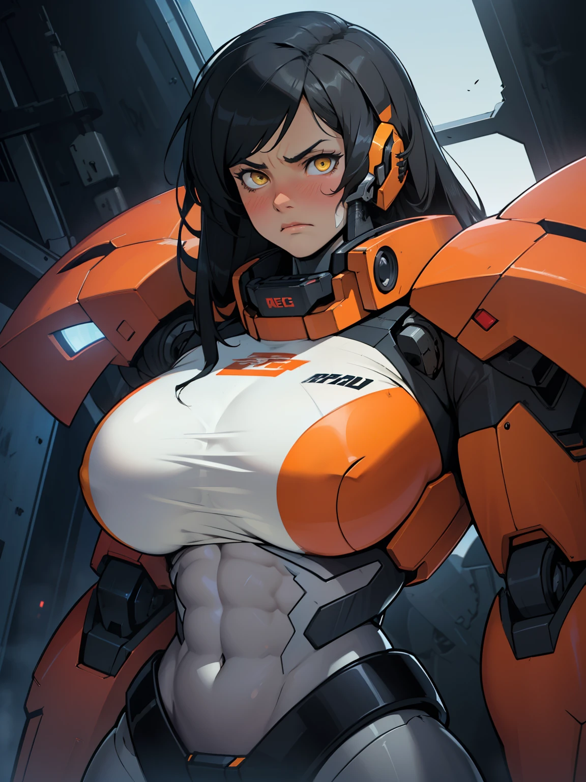 (((muscular girl thick large breasts toned body))) angry blush girl black hair yellow eyes pale skin mecha mecha mecha mecha mecha mecha