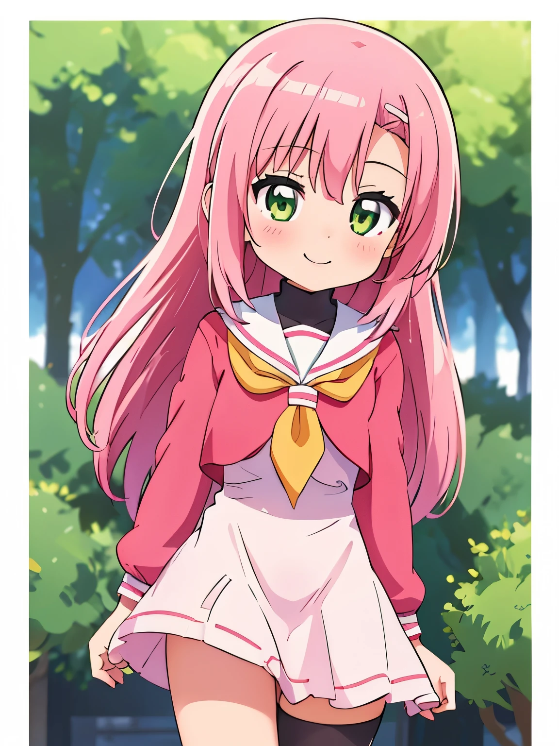 Cute little girl s、Wearing school uniform、Her anime illustration face in soft color palette style、animated gif、Hand-drawn animation、charming sketches、Smooth and shiny background - AR 1:1 - Rainbow 5 - Expressive in style - S 50(Best Quality, masutepiece, Raw photo,Ultra-detailed:1.2),Pink hair,Green eyes,Top image quality,8k,A smile,straight haired, The head is near the center of the screen,frontage,a cute loli,from the front side,1 girl in,Wide Angle,Long hair,Blank white background,a miniskirt,Kamimei,View from above,The upper part of the body, Daytime park background