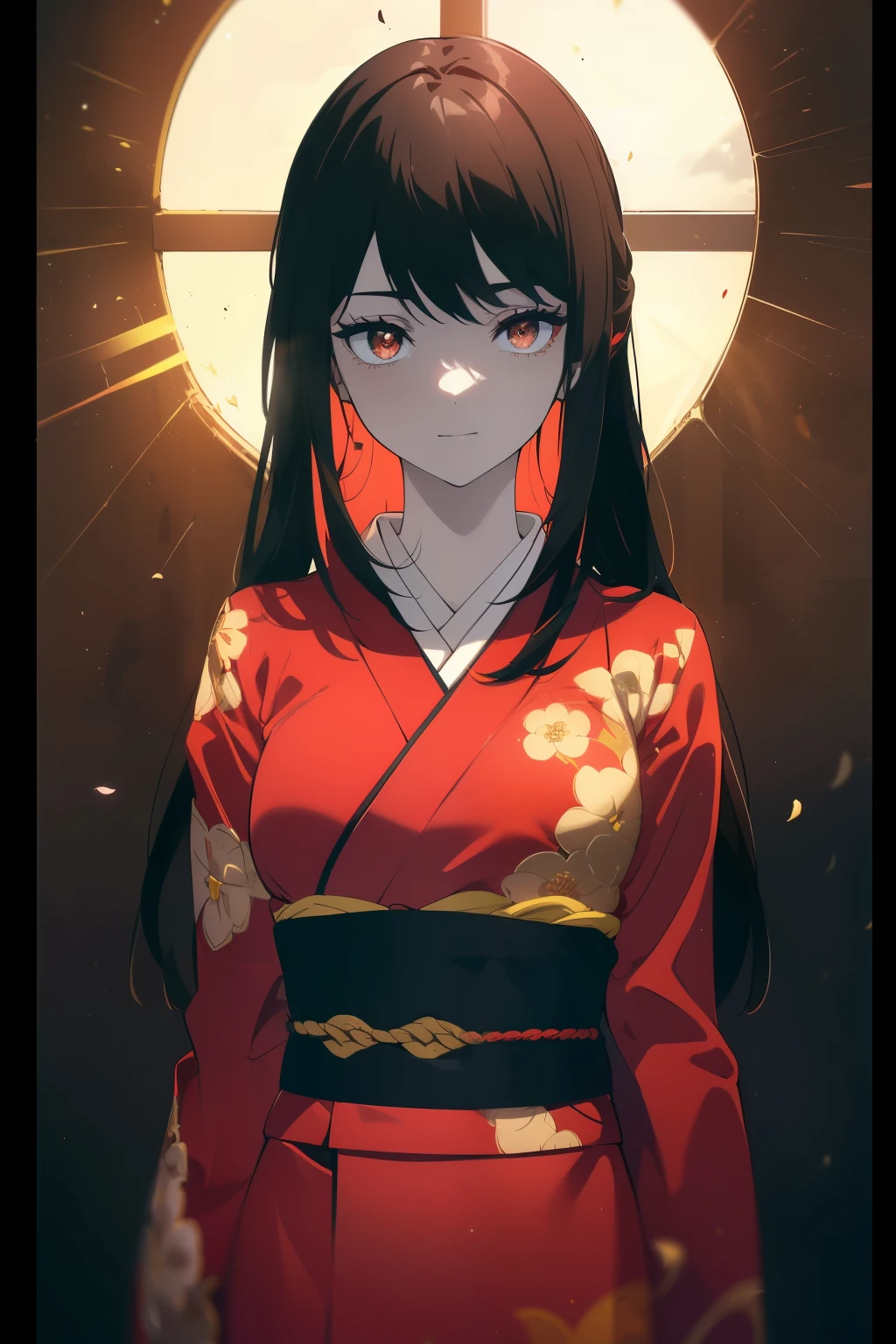 ((((Obra maestra, La mejor calidad, ultrahigh resolution)))), 1girl, standing, ((wearing a red_kimono)), (long black hair in view, long hair:0.9, in frame), pale skin, ((brown eyes)), (glowing_eyes, luminescent eyes), (ultra detailed eyes:0.7, beautiful and detailed face, detailed eyes:0.9), ((centered)), smile, ((wide shot)), facing viewer, (((vibrant background of outside, flowers, bright lighting, summer, sunlight))), flat chested, looking at viewer, ((perfect hands)), ((head:1, hips, elbows, arms, in view)), ((hands behind back)), beautiful lighting, defined subject, (18 years old), ((cool looking)), ((sun glare))