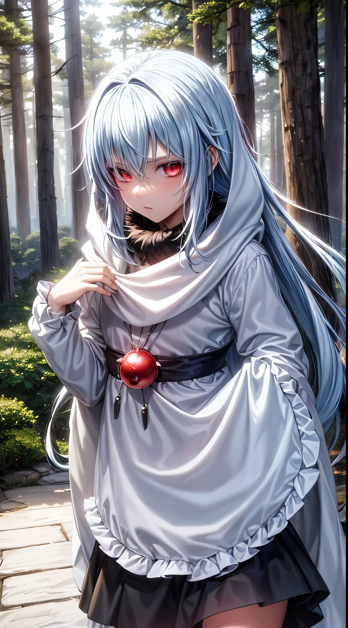 (a teenage tensei shitara slime anime character) Rimuru Tempest, with prominent and piercing eyes of a (((scarlet red))), which exude an aura of cold determination and a sharp intelligence, (hair is light heavenly blue), flowing and smooth, neutral mouth, cold gaze, reflecting an unshakable personality and an indomitable spirit, The white hood that covers the character's head adds a touch of mystery and nobility, complementing his enigmatic and powerful presence, complete character, ((( setting in the forest))), white skin, highly detailed scenery, (wearing a white sheet), full body photo, (cold expression)