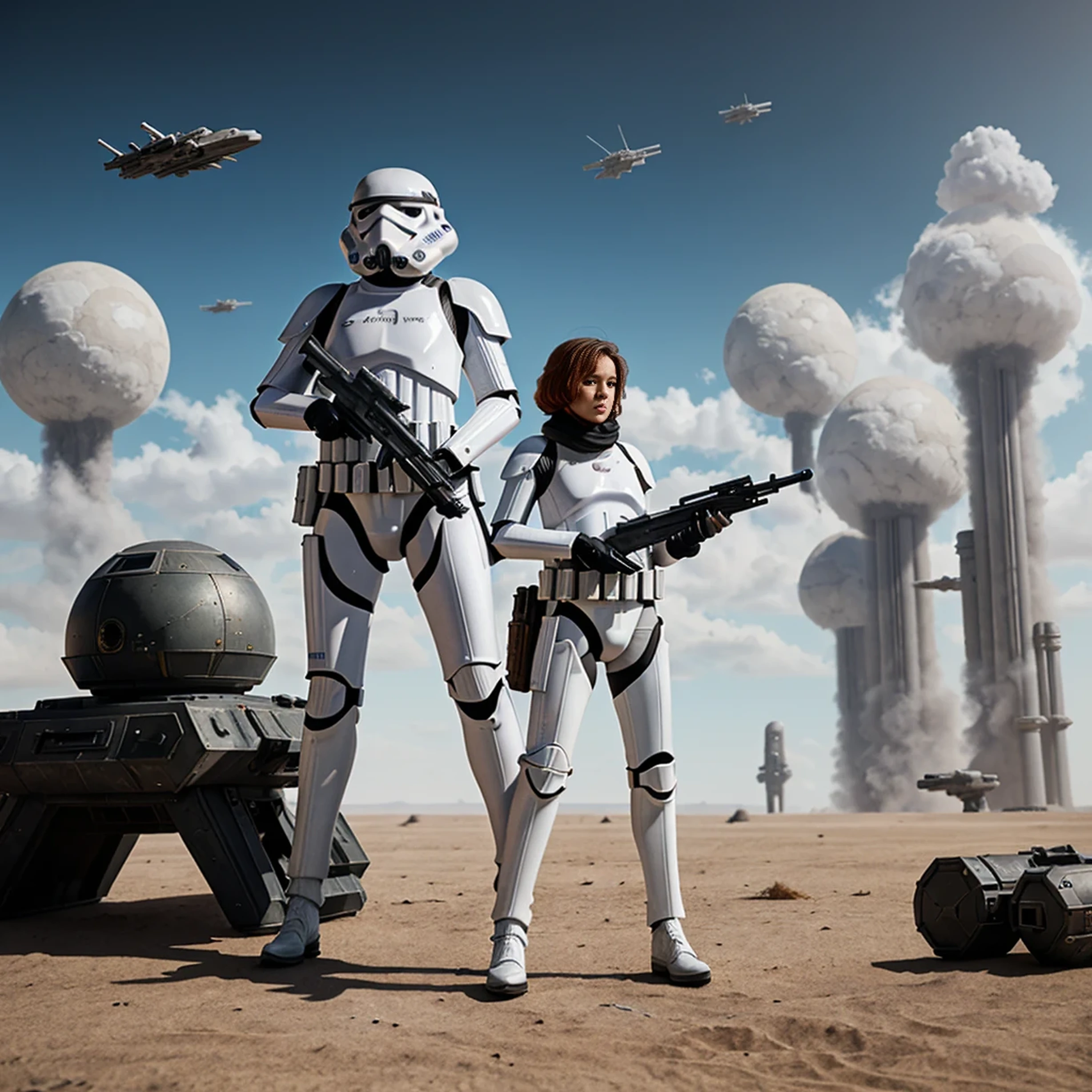 there is a woman holding a gun in front of a spaceship, hyperrealistic fantasy art, doom eternal, female stormtrooper, heaven planet in background, inspired by Jan Victors, in foreground boy with shotgun, orianna, grey orange, dune (2021) --ar 16:9 --v 5.1