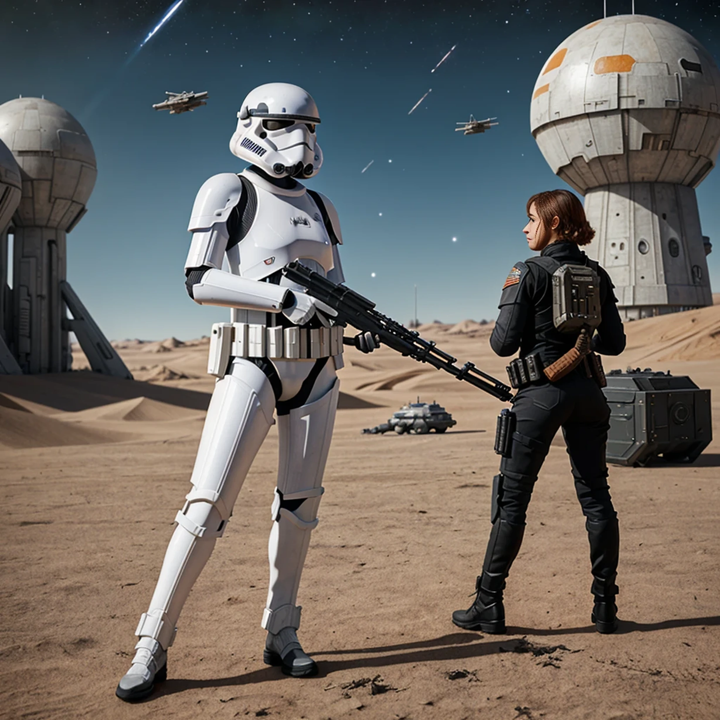 there is a woman holding a gun in front of a spaceship, hyperrealistic fantasy art, doom eternal, female stormtrooper, heaven planet in background, inspired by Jan Victors, in foreground boy with shotgun, orianna, grey orange, dune (2021) --ar 16:9 --v 5.1