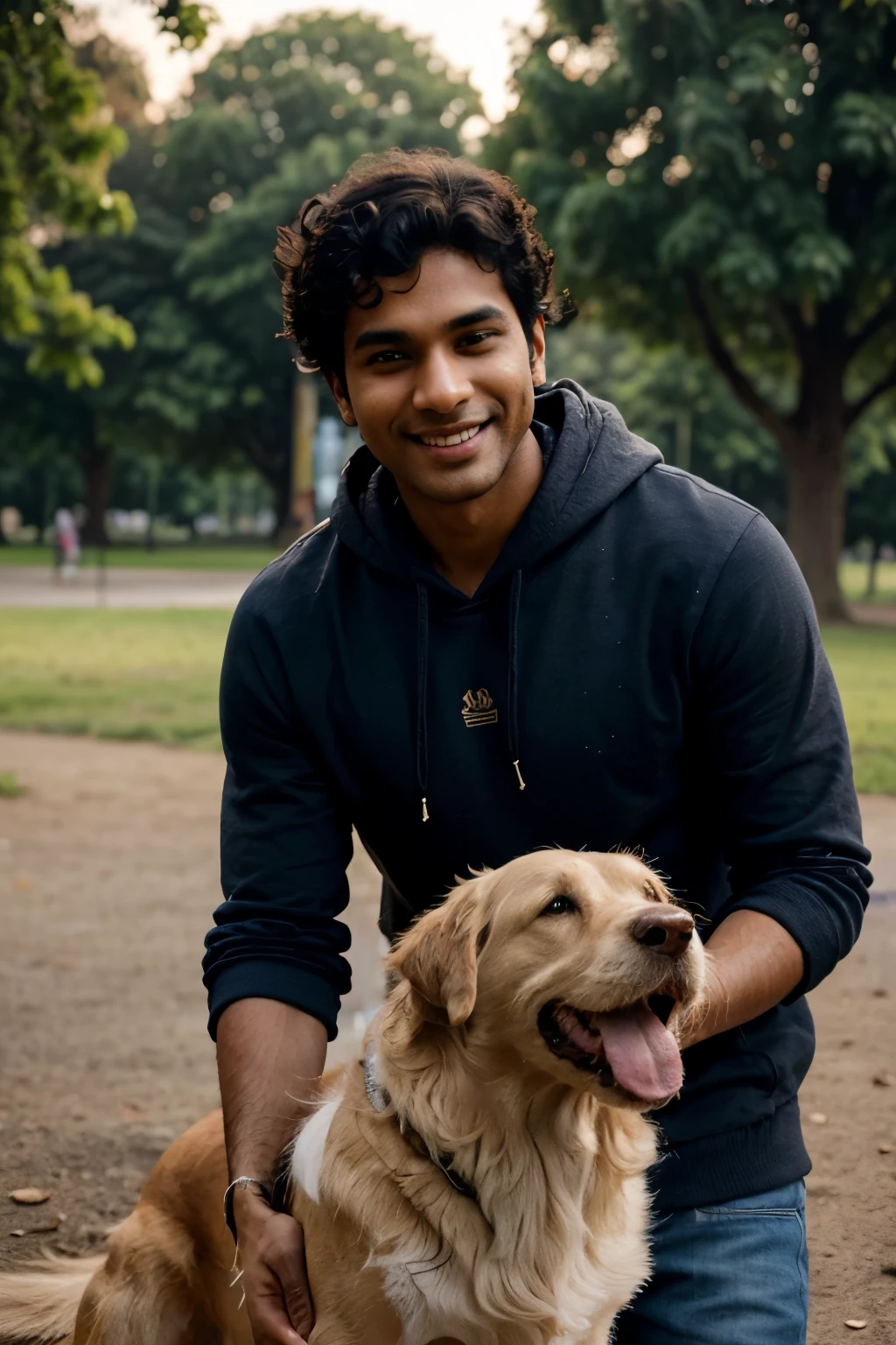 photo of an indian man in a park during the evening, slim body, clean shaven face, messy medium curly hair, wearing a black hoodie and blue jeens, candid photo, playing with a golden retriever, medium upper body shot, looking at the camera, shallow depth of field, smiling at the camera