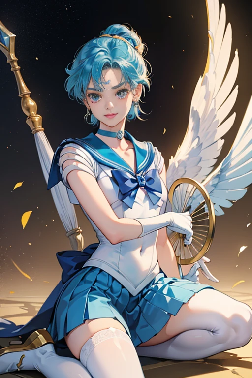 (top-quality:1.3), (masterpiece:1.4),(Anatomically correct), (Full limbs),(complete fingers),(Precise fingertip details),(8K),Photorealista,Sailor Moon!!!!!!!!, Sailor Moon Style,by Sailor Moon, Sailor Senshi Uniform,(Sailor Mercury:1.37),aqua eyes, Dark green hair,Blue choker,whitegloves,Blue Boots, ful:1.3,stands,masterpiece,。.。.3D,realisitic,Ultra Micro Photography,Ultra Detailed CG Unity ,frombelow,(1 female),20yr old,(Mer1, tiarra, Sailor Senshi Uniform,white glove,Blue sailor color,a blue skirt,Sailor Senshi Uniform:1.2,Sailor Mercury:1.2,meishaonv),shorth hair,short blue hair:1.2,Sailor Senshi uniform revealed,Shiny Blue Color Sexy Pleated Mini Skirt:1.3,(very large blue-colored bow in the center of the chest,,,:1.4,額の黄金のtiarra:1.5,Blue gloves on the elbows:1.1,Bare upper arms:1.1,Long knee high boots in shiny blue enamel、Luxurious gold decoration:1.3,Saturated wide blue color, Saturated Blue Sailor Color,Long white latex gloves with luxurious gold décor:1.3,very large blue bow behind the waist,,,:1.1,Cleavage looks sexily boldly big,Blue star-shaped earrings)),partedbangs,((seducting smile,Very pretty face,Details of face:1.5,Bright blue eyes,美丽的面容,beautidful eyes,shinny eyes,thin lipss:1.3,thin and sharp pale eyebrows,,long dark eyelashes,Double eyelashes)),Luxurious Golden Jewelry,(Very thin and fitting high gloss white holographic leather:1.3),大胆でセクシーなスレンダーハイレググラヴェットEau着,(battle posture), Huge white wings,thin and muscular muscles,Muscular abs,a small face,huge-breasted,perfectly proportions,big breasts thin waist,SEXY Model Pose,Visible Pore,perfect hand:1.5,octane renderings,highly dramatic picture,Strong natural light,sunlights,exquisite lighting and shadow,dynamic ungle,DSLR Harp,Focus:1.0,Maximum clarity and sharpness,(Eauの神性,Splattering on the background of the space,ダイナミックなEauの背景,prow: 1.2,Eau,Eau玉,Eau髪,Dynamic Frames,Eau銀,a moon明かりの光線,a moon,Dynamic backgrounds,Background of details)),(masterpiece), (top-quality), (hight resolution),(extremely clear), (Anatomically correct), (Full limbs),(complete fingersの詳細),(8K),(Best Quality), (awardwinning, Textured skin),(Super Detail),(90s Anime, 9 0 s anime, 9 0 s anime style,anime cels, cel shaded anime),