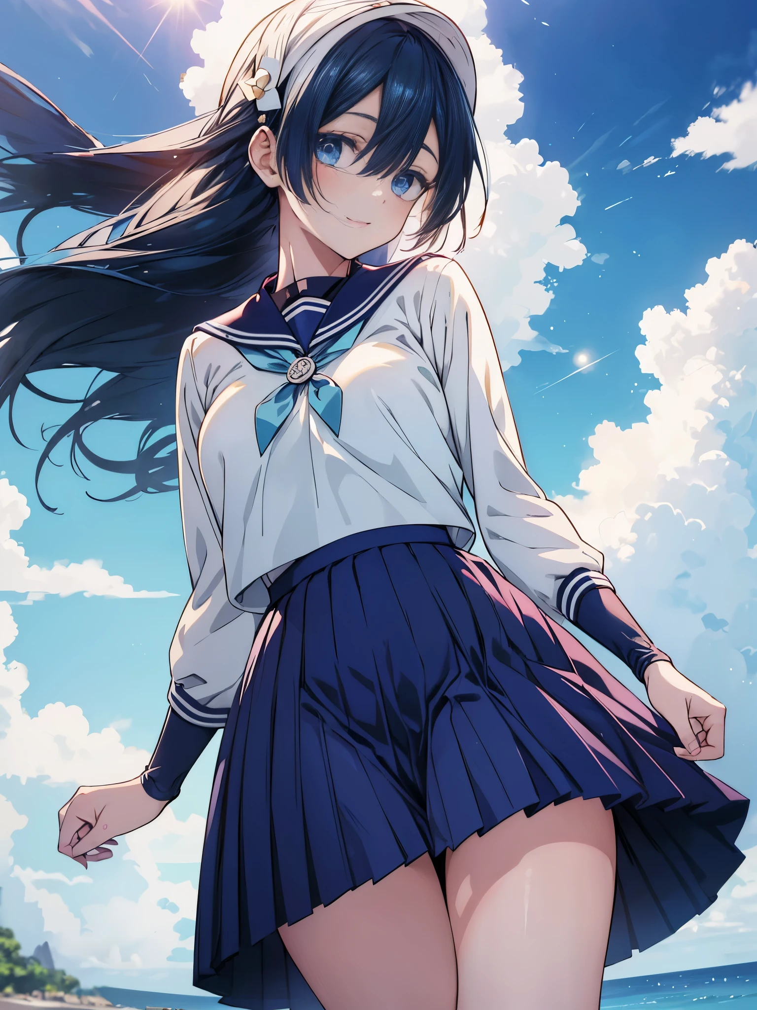 (masutepiece ,Best Quality,Insanely detailed), 1 Cute Pure Girl,Innocent smile,serafuku,Blue collar,Navy pleated skirt,From below,Blue sky,white clouds,Summer sunshine,detailed and beautiful eyes,Twinkle Eyes,Glossy lips, Perfect Anatomy , Perfect five fingers,Attractive,amazing, Super Fine Age