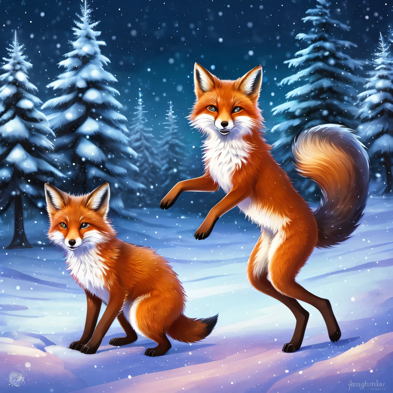 (best quality,highres:1.2),adorable young fox spirit boy having fun at Christmas,creative, playful expression,pointy ears,hint of mischievousness,elegant robe with intricate patterns,sparkling snowflakes in the background,cute little fangs,expressive eyes with a hint of magic,waving a wand with a golden star atop,playful snowball fight with woodland creatures,festive holiday decorations,soft and fluffy tail swishing in the snowy air,joyful laughter and infectious energy,enchanted forest filled with warm and vibrant colors,magical glow emanating from the young fox's presence,snow-covered pine trees twinkling with fairy lights,childlike wonder and innocence radiating from the charming scene