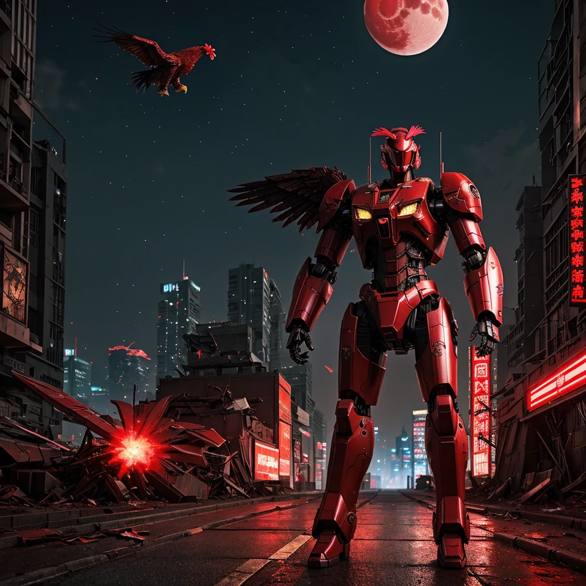 Red theme, phoenix mecha, head for rooster chicken head, mecha wings, cyberpunk, best quality, masterpiece, unmanned, full body, mechanical marvel, strong, moon, ruined city, highest quality digital art, stunning art, wallpaper 4k, highly detailed, military robot, army, war zone, dynamic lighting, movie, epic, damaged mechanical parts