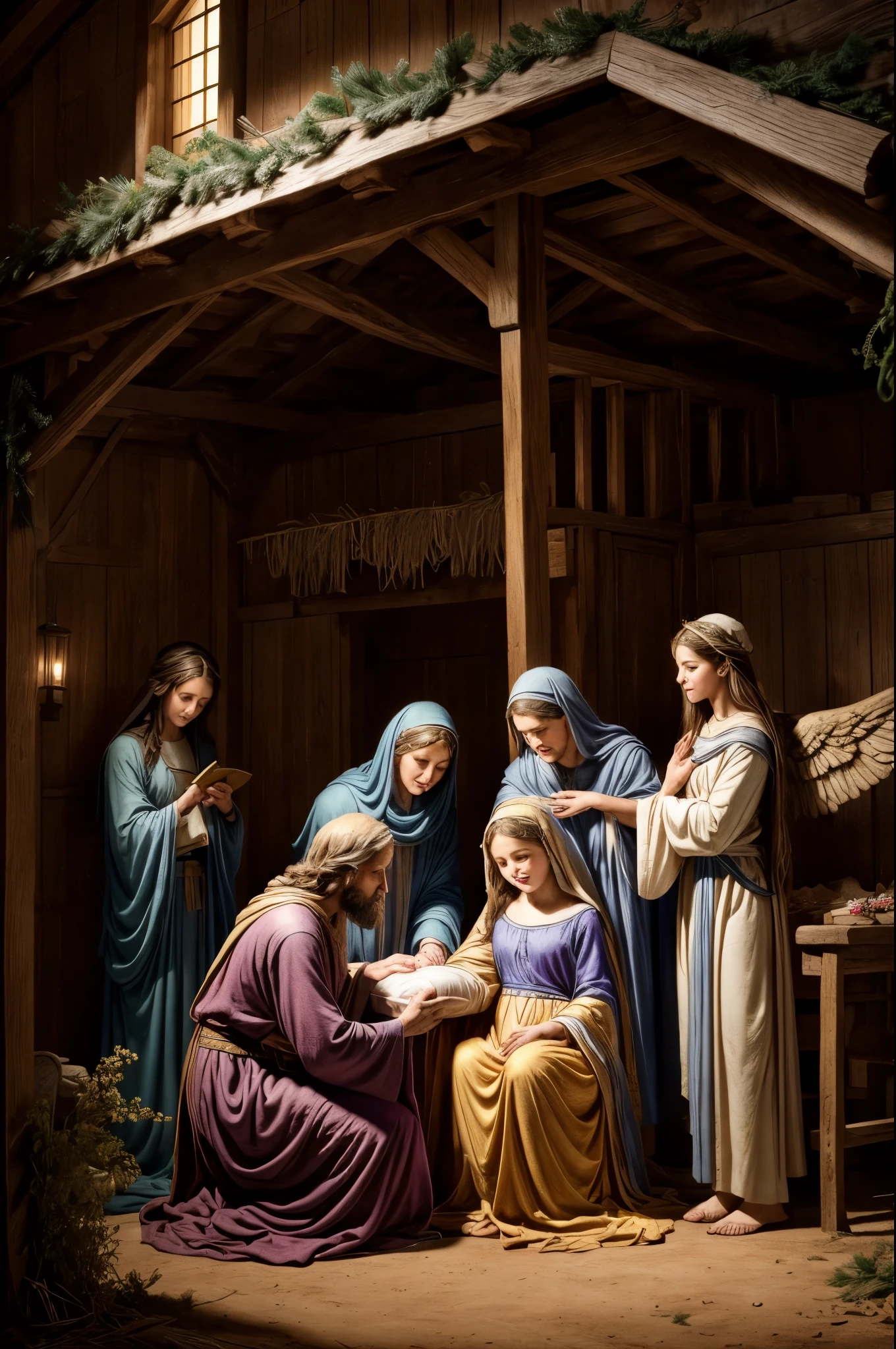 A detailed Nativity scene with the birth of Jesus as the main subject. (best quality,4k,8k,highres,masterpiece:1.2),ultra-detailed. The scene showcases a peaceful and joyful atmosphere, with the warm divine blessing radiating from the newborn Jesus. The figures in the scene include Mary and Joseph, who are filled with love and awe for their son, surrounded by angels singing songs of happiness. The scene is set in a humble stable, with soft lighting illuminating the faces of the characters. The colors are warm and vivid, with a beautiful mix of blues, purples, and golden hues. The artwork is reminiscent of classic religious art, with intricate details and fine brushwork giving it a realistic and captivating appearance.