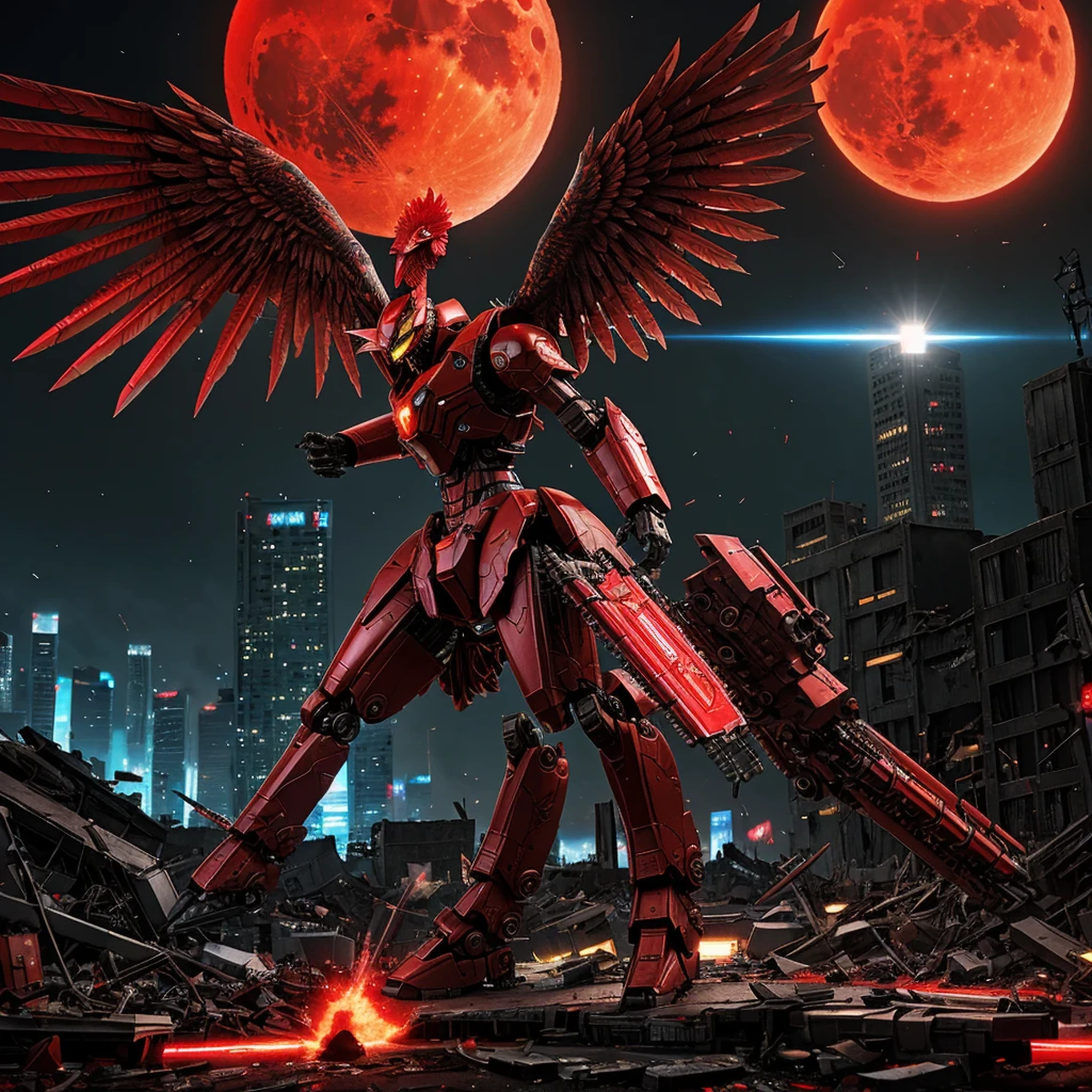 Red theme, phoenix mecha, head for rooster chicken head, mecha wings, cyberpunk, best quality, masterpiece, unmanned, full body, mechanical marvel, strong, moon, ruined city, highest quality digital art, stunning art, wallpaper 4k, highly detailed, military robot, army, war zone, dynamic lighting, movie, epic, damaged mechanical parts