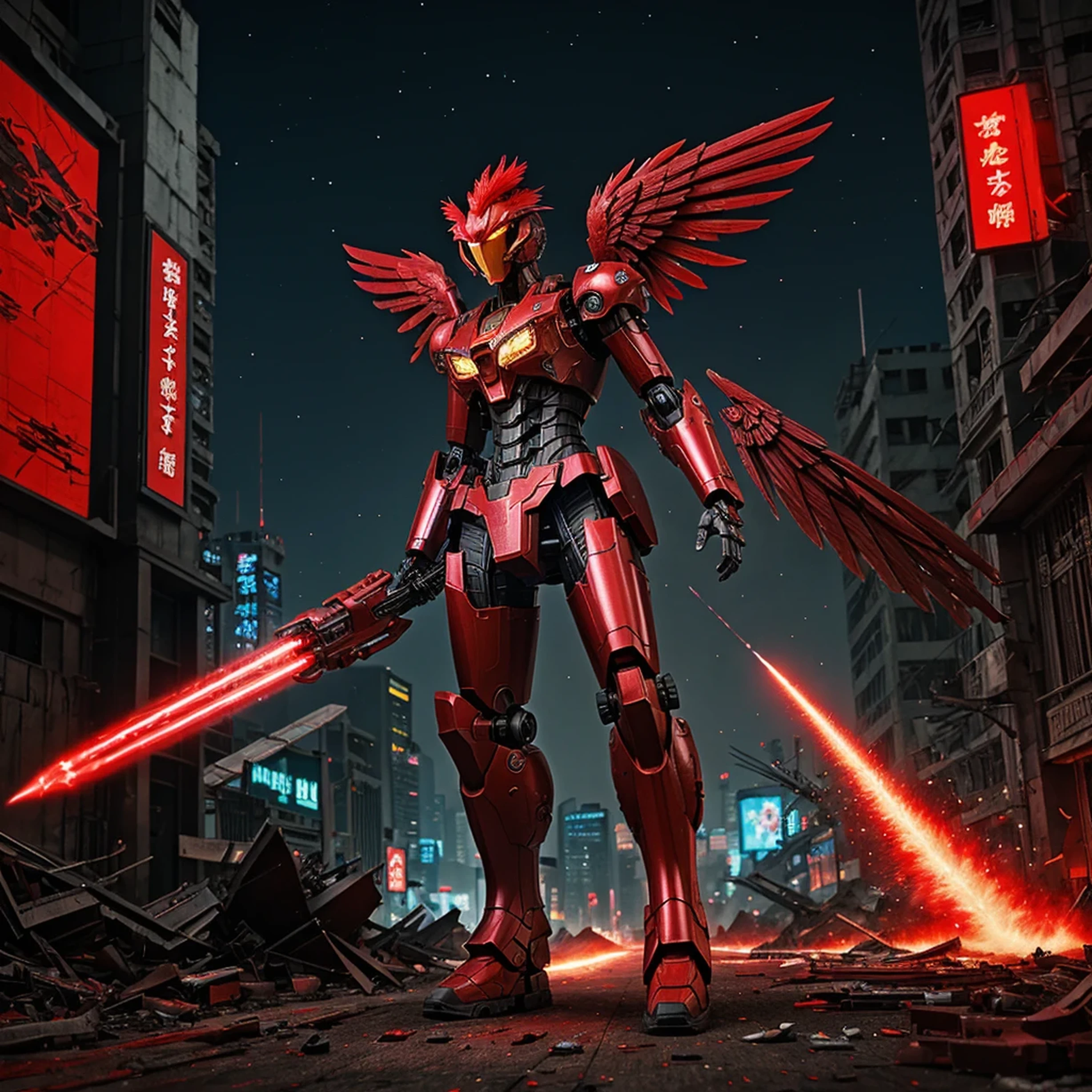 Red theme, phoenix mecha, head for rooster chicken head, mecha wings, cyberpunk, best quality, masterpiece, unmanned, full body, mechanical marvel, strong, moon, ruined city, highest quality digital art, stunning art, wallpaper 4k, highly detailed, military robot, army, war zone, dynamic lighting, movie, epic, damaged mechanical parts