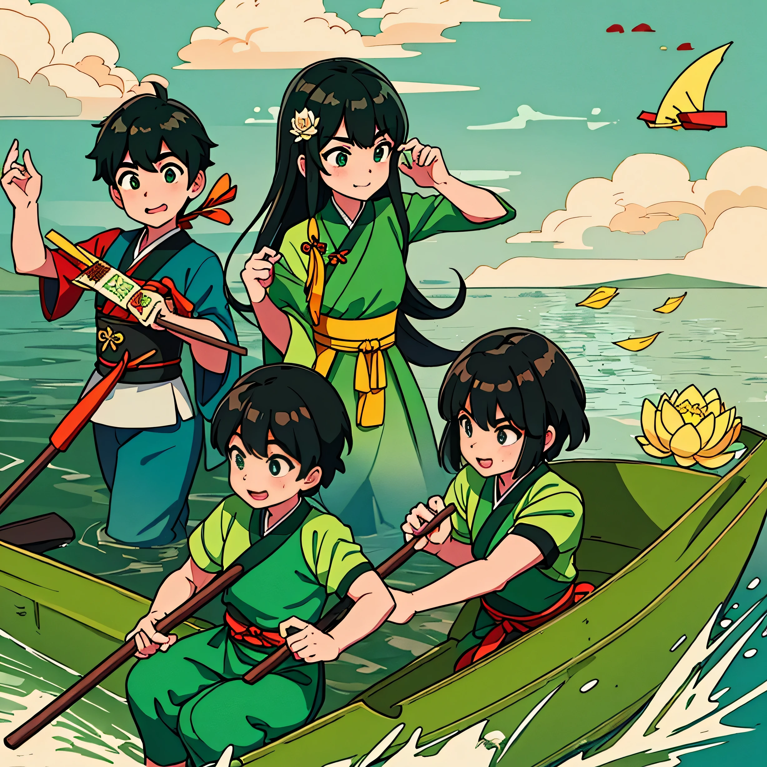 Dragon Boat Festival, on the surface of the water there are 3 children wearing Hanfu paddling on the dragon boat, there are delicious zongzi on the boat, green zongzi are super detailed, the best quality, there are lotus leaves on the water, super detailed