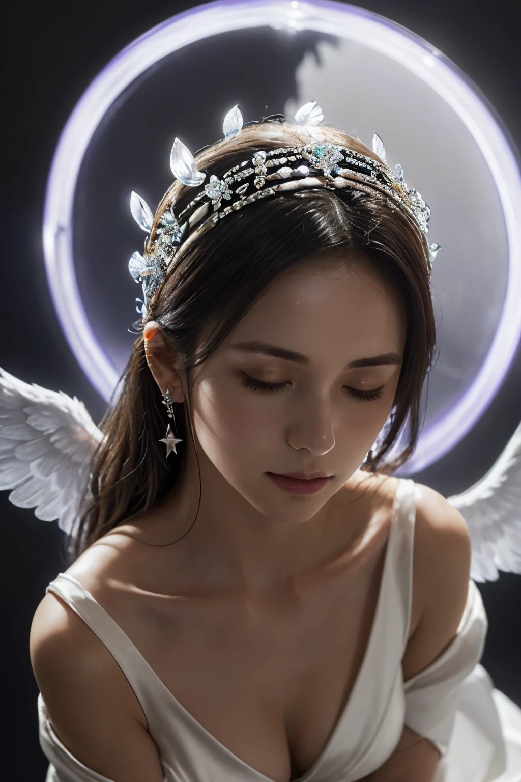 1girl in, Solo, Jewelry, earrings, Closed eyes, flower,(Sunlight),(Angel),Dynamic Angle, floating, Wing, Halo, floating white silk,(Holy Light),silver star,