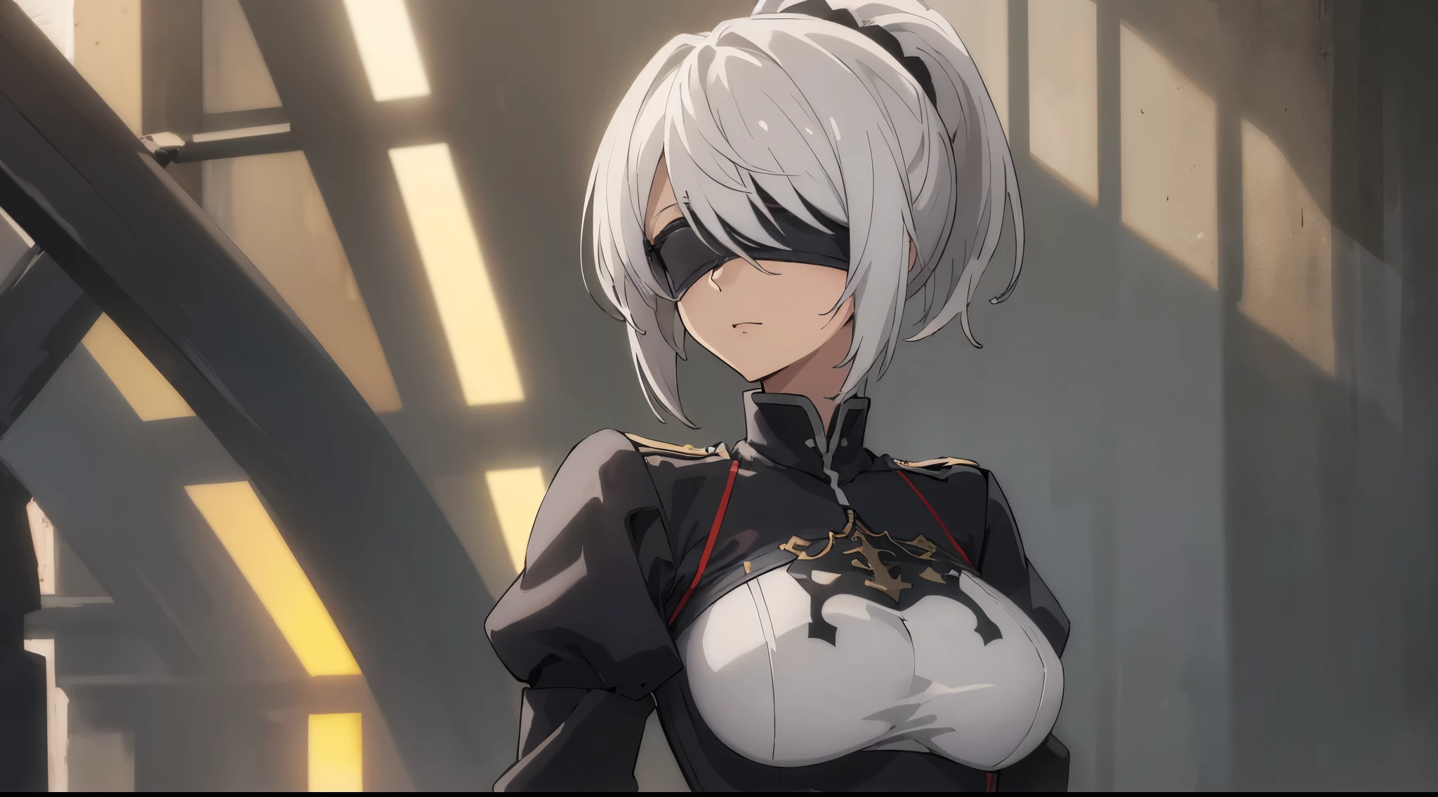 (extremely detailed CG unity 8k wallpaper), (masterpiece), (best quality), (ultra-detailed), (best illustration), (best shadow), (absurdres), 2b, 1girl, short hair, long ponytail, normal size boobs, white hair, blindfold solo, Intimidating women, admiral uniform, night, hero pose, white clothes, General Uniform, Military Uniform, Sunlight, exposed to sunlight,commander, cape, fighting, ((beautiful fantasy girl)), (Master Part: 1.2), Best Quality, High Resolution, photorealestic, photogenic, Unity 8k壁纸, perfect lighting, (perfect arms, perfect anatomy) beatiful face, intricate details, Detalhes realistas, the anime, The Perfect Girl, perfect details, Ultra HD |, 8K, Professional photo(extremely detailed CG unity 8k wallpaper), (masterpiece), (best quality), (ultra-detailed), (best illustration), (best shadow), (absurdres), 2b, 1girl, short hair, short ponytail, normal size boobs, white hair, blindfold solo, Intimidating women, admiral uniform, night, hero pose, white clothes, General Uniform, Military Uniform, Sunlight, exposed to sunlight, commander, black clothes, sunkissed, sunset background
