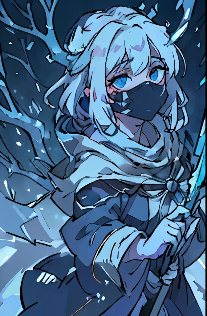 (best quality,4k,highres,masterpiece:1.2),ultra-detailed,(realistic:1.37),a terrifying theatrical mask,a white healer wearing robes,a two-handed staff made of ice,detailed facial features,flowing robes,haunting aura,dark and eerie ambience,ominous lighting,icy blue color palette,stark and contrasting shadows,ethereal vibes,dramatic and dynamic pose,snow-covered ground,majestic backdrop,twisted vines and branches,an air of mystery and mystique,sparks of magic emanating from the staff,frosty breath in the cold air,subtle details in the mask's expression,delicate snowflakes falling gently around,perfect symmetry in the composition.