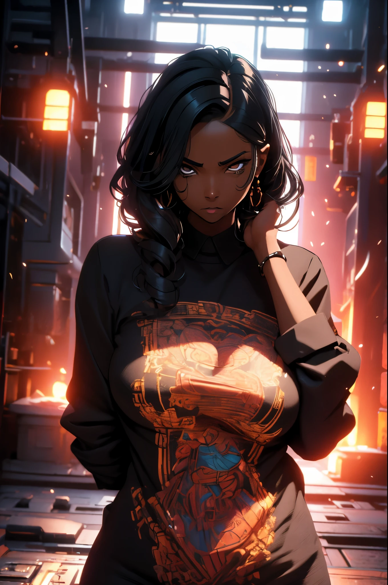 (super detail), high details, high quality, 8k, (masterpiece), best quality, dark skin, black woman, symmetrical, black hair, perfect face, intricate hair, side hair loop, black shirt, mommy dom, dominating figure, smug, intimidating, cold, great shading, mysterious figure, anime.