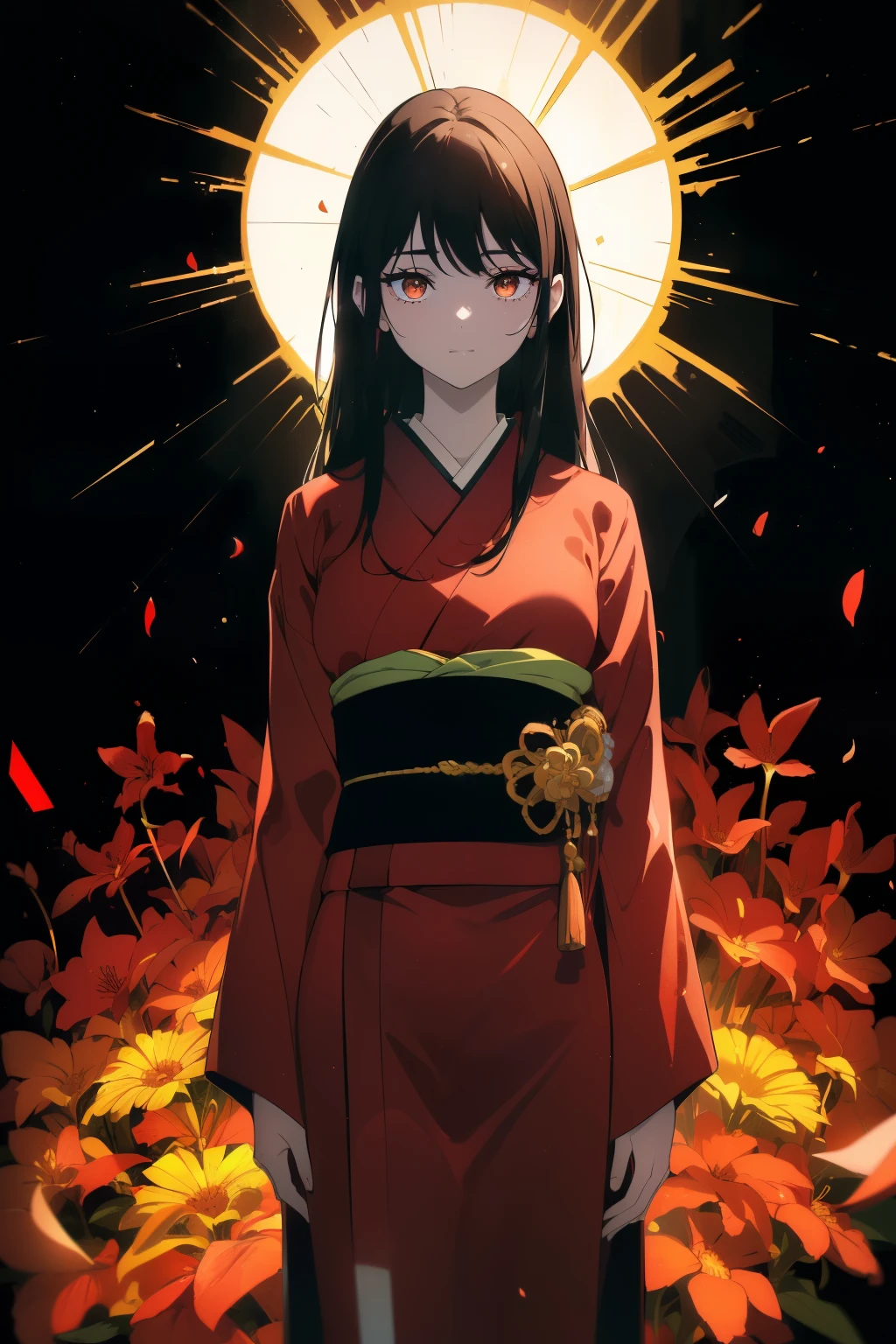 ((((Obra maestra, La mejor calidad, ultrahigh resolution)))), 1girl, standing, ((wearing a red_kimono)), (long black hair in view, long hair:0.9, in frame), pale skin, ((brown eyes)), (glowing_eyes, luminescent eyes), (ultra detailed eyes:0.7, beautiful and detailed face, detailed eyes:0.9), ((centered)), smile, ((wide shot)), facing viewer, (((vibrant background of outside, flowers, bright lighting, summer, sunlight))), flat chested, looking at viewer, ((perfect hands)), ((head:1, hips, elbows, arms, in view)), ((hands behind back)), beautiful lighting, defined subject, (18 years old), ((cool looking)), ((sun glare))