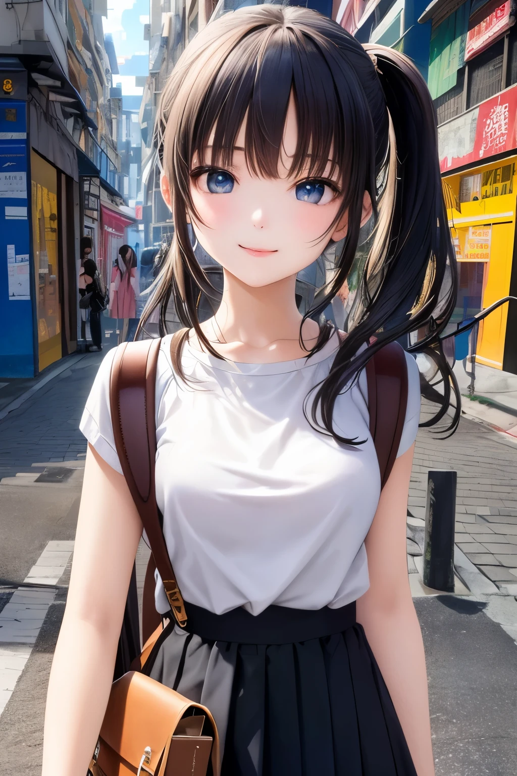 Fashion style、masterpiece、top-quality、8K、art stations、Sharp Focus、(surrealistic:1.5)、(high detal:1.4)、raw photo of young woman、street smiling、rucksack、poneyTail、Complex environments、the complex background、soaked、(Cinematic:1.4)、