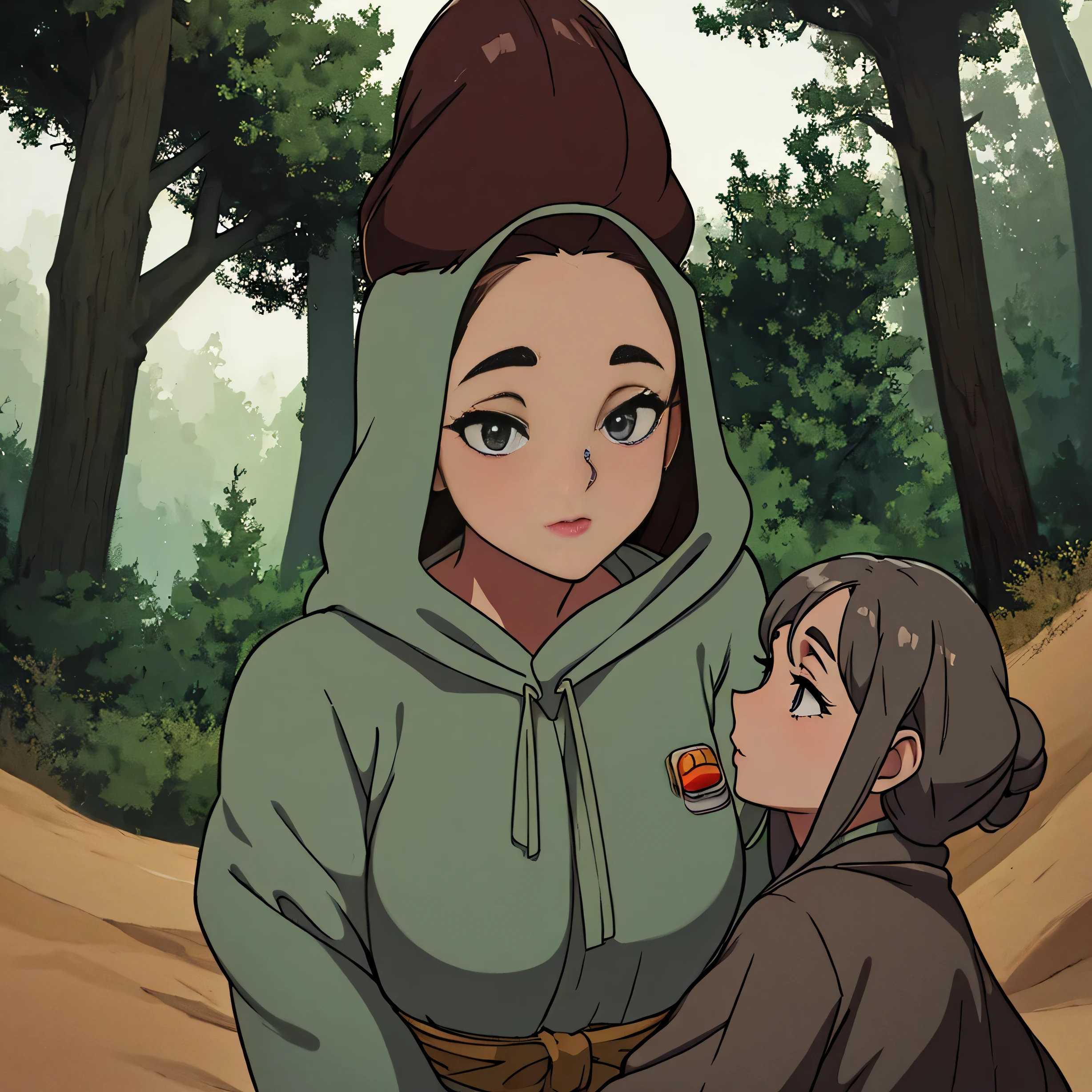 beautiful girl in gray robe standing in the dark forest, epic style, octane render, desert composition, beautiful face, hyperrealistic, oil on canvas, award-winning, masterpiece, trending on artstation, by Studio Ghibli