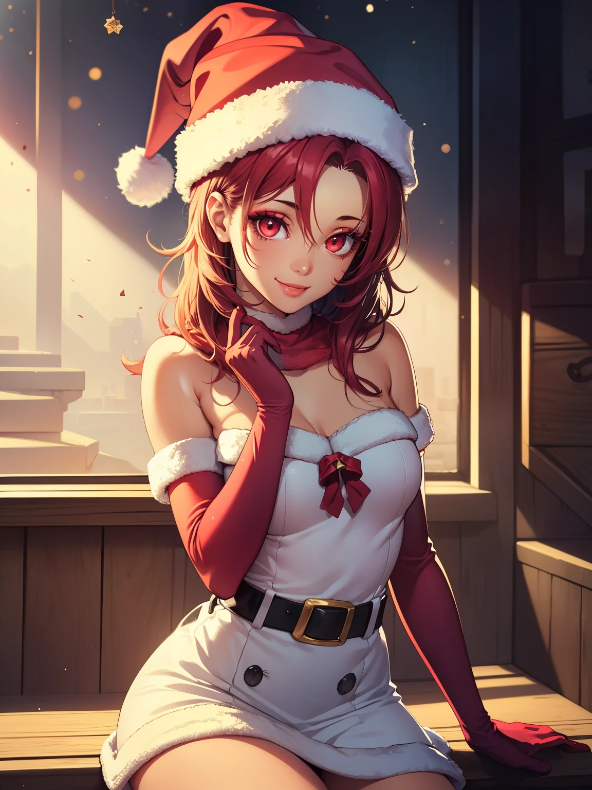 1girl, solo, masterpiece, best quality, high res, highly detailed, (illustration), beautiful detailed eyes, defHapi, red eyes ,glossy lips, makeup, smile, long white satin elbow gloves, cowboy shot, (santa), red santa dress, santa hat, strapless dress