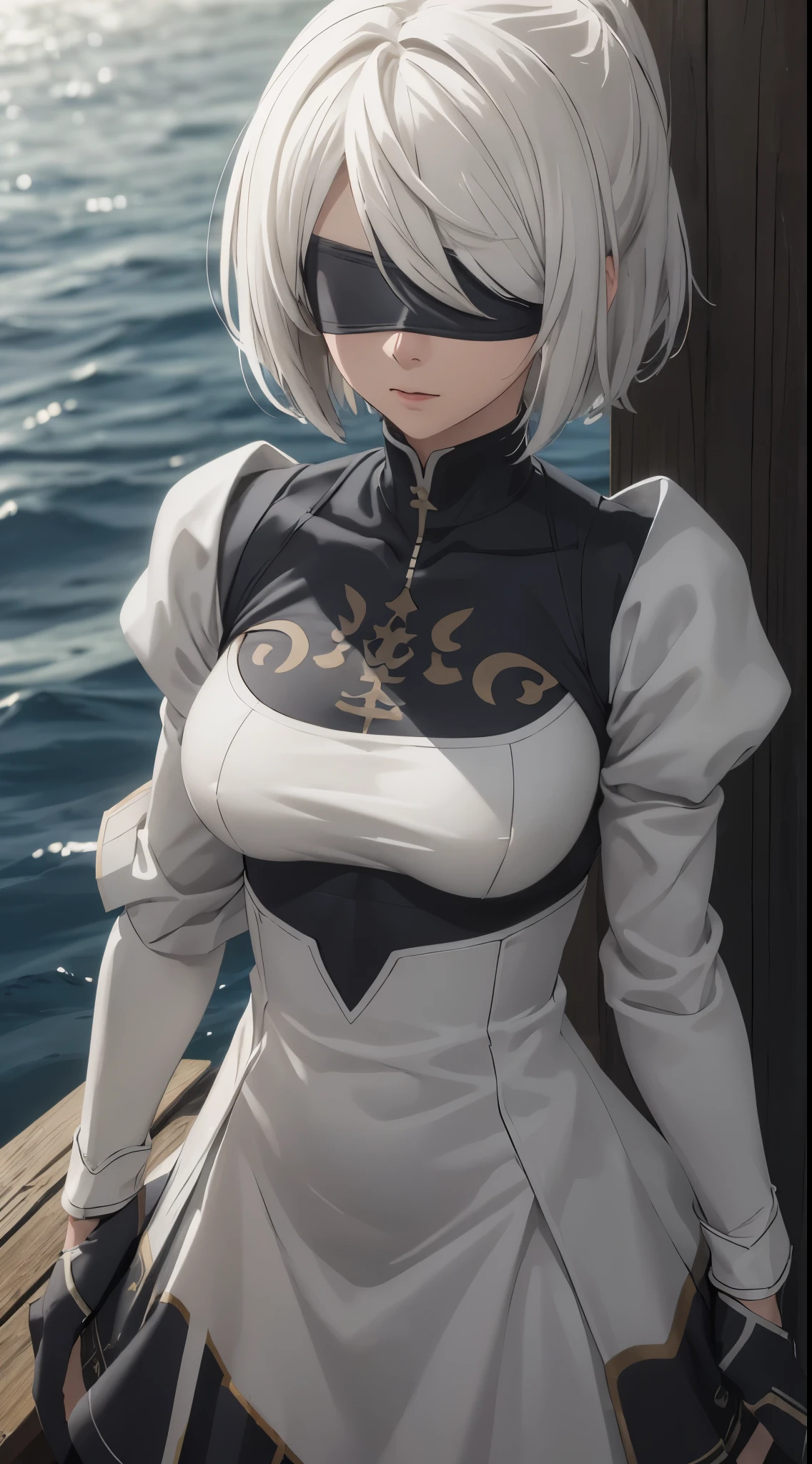 (extremely detailed CG unity 8k wallpaper), (masterpiece), (best quality), (ultra-detailed), (best illustration), (best shadow), (absurdres), 2b, 1girl, short hair, long ponytail, normal size boobs, white hair, blindfold solo, Intimidating women, admiral uniform, night, hero pose, white clothes, General Uniform, Military Uniform, Sunlight, exposed to sunlight,commander, cape, fighting, ((beautiful fantasy girl)), (Master Part: 1.2), Best Quality, High Resolution, photorealestic, photogenic, Unity 8k壁纸, perfect lighting, (perfect arms, perfect anatomy) beatiful face, intricate details, Detalhes realistas, the anime, The Perfect Girl, perfect details, Ultra HD |, 8K, Professional photo(extremely detailed CG unity 8k wallpaper), (masterpiece), (best quality), (ultra-detailed), (best illustration), (best shadow), (absurdres), 2b, 1girl, short hair, short ponytail, normal size boobs, white hair, blindfold solo, Intimidating women, admiral uniform, night, hero pose, white clothes, General Uniform, Military Uniform, Sunlight, exposed to sunlight, commander, black clothes, sunkissed, sunset background
