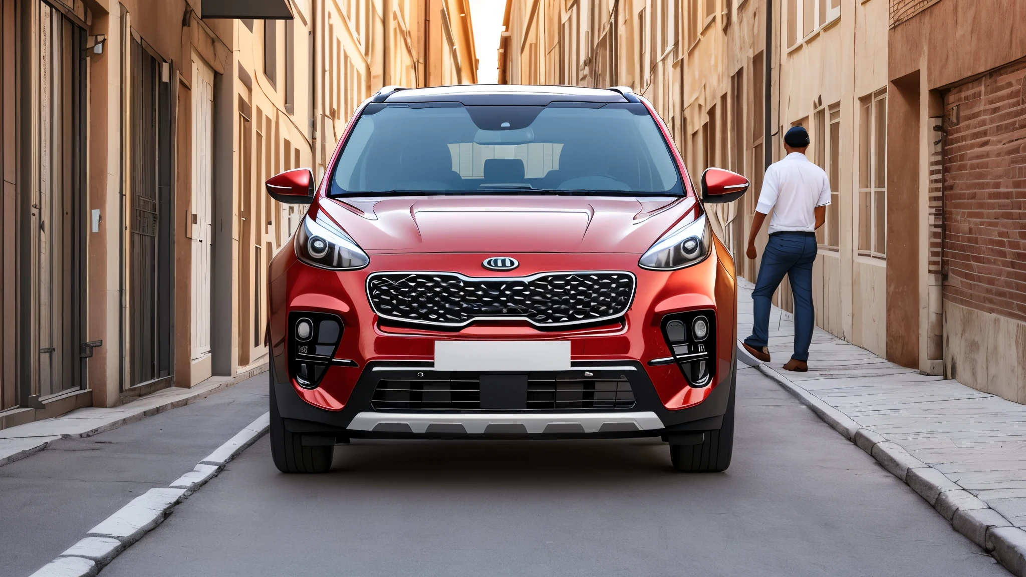 A photo of a red, red colour 2021 KIA Sportage parked in front of a residential block on a street, driver's door is opened, opend, out of the car steps a 27-year-old Moldovan man full body, dressed in a white-white shirt, blue-blue tie and black trousers. --auto --s2