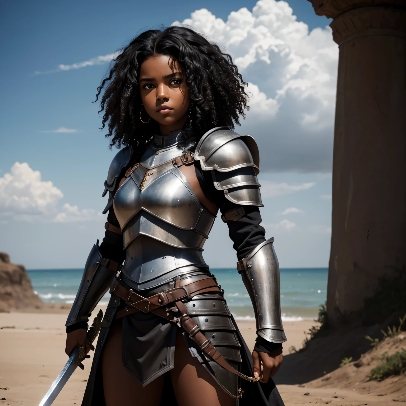 Black girl in armor, black curly hair, brown eyes, fearless, small, foul mouthed, brown skin, holding a sword