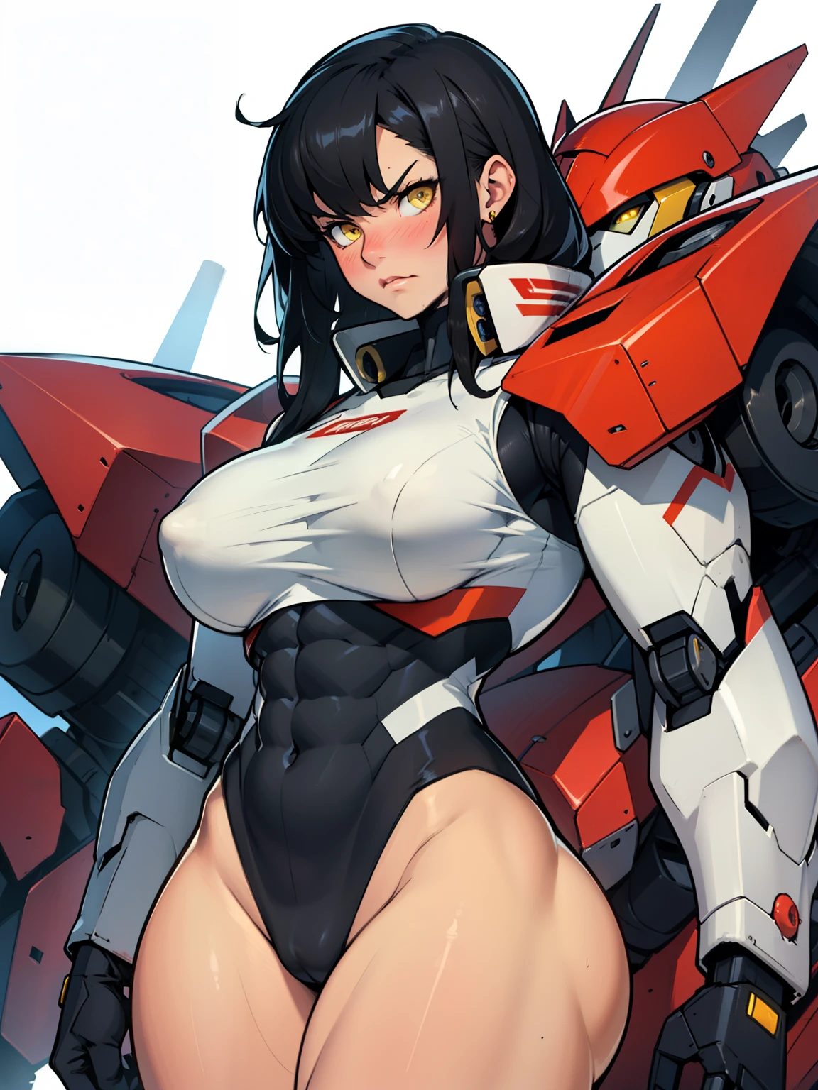 (((muscular girl thick large breasts toned body))) angry blush girl black hair yellow eyes pale skin mecha mecha mecha mecha mecha mecha