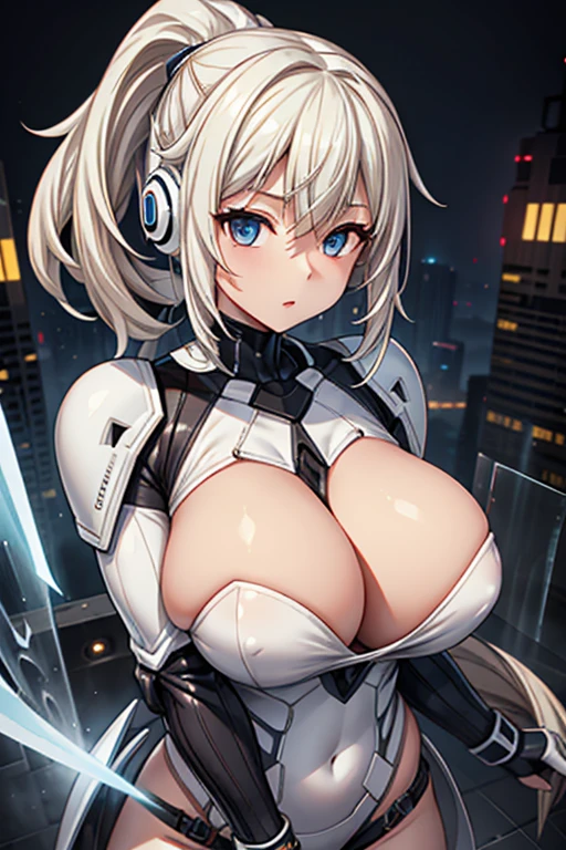 4K,hight resolution,One Woman,White blonde hair,poneyTail,head phone,Colossal tits,ninjartist,White Cybersuit,Knives,underground city