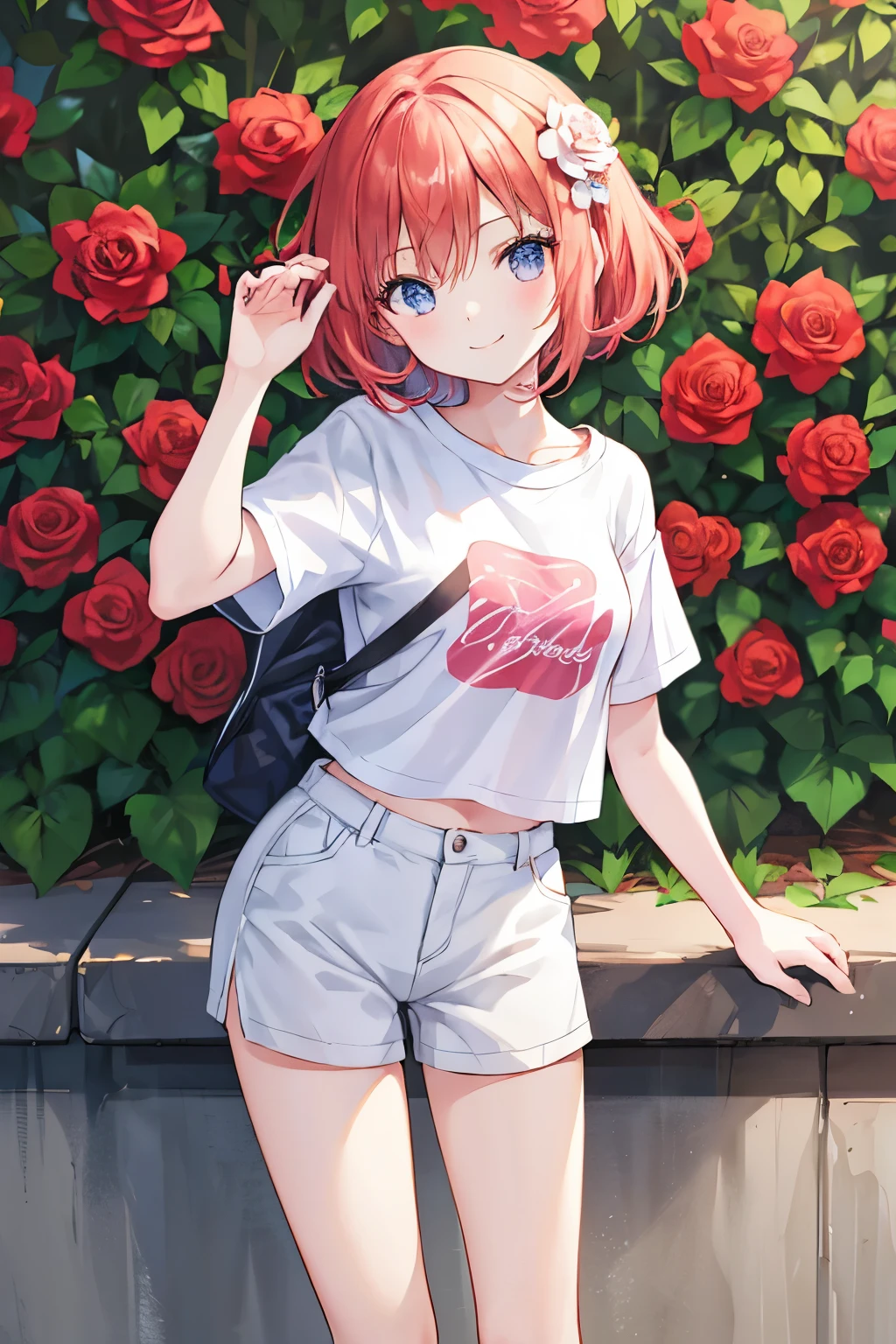 masutepiece, a young beautiful girl, Smiling, Looking at the camera, Stand in front of a mass of roses, Wearing shorts and T-shirt, White sneakers. Wearing tops and shorts, Flowers, fully body photo, Casual pose, Slender legs