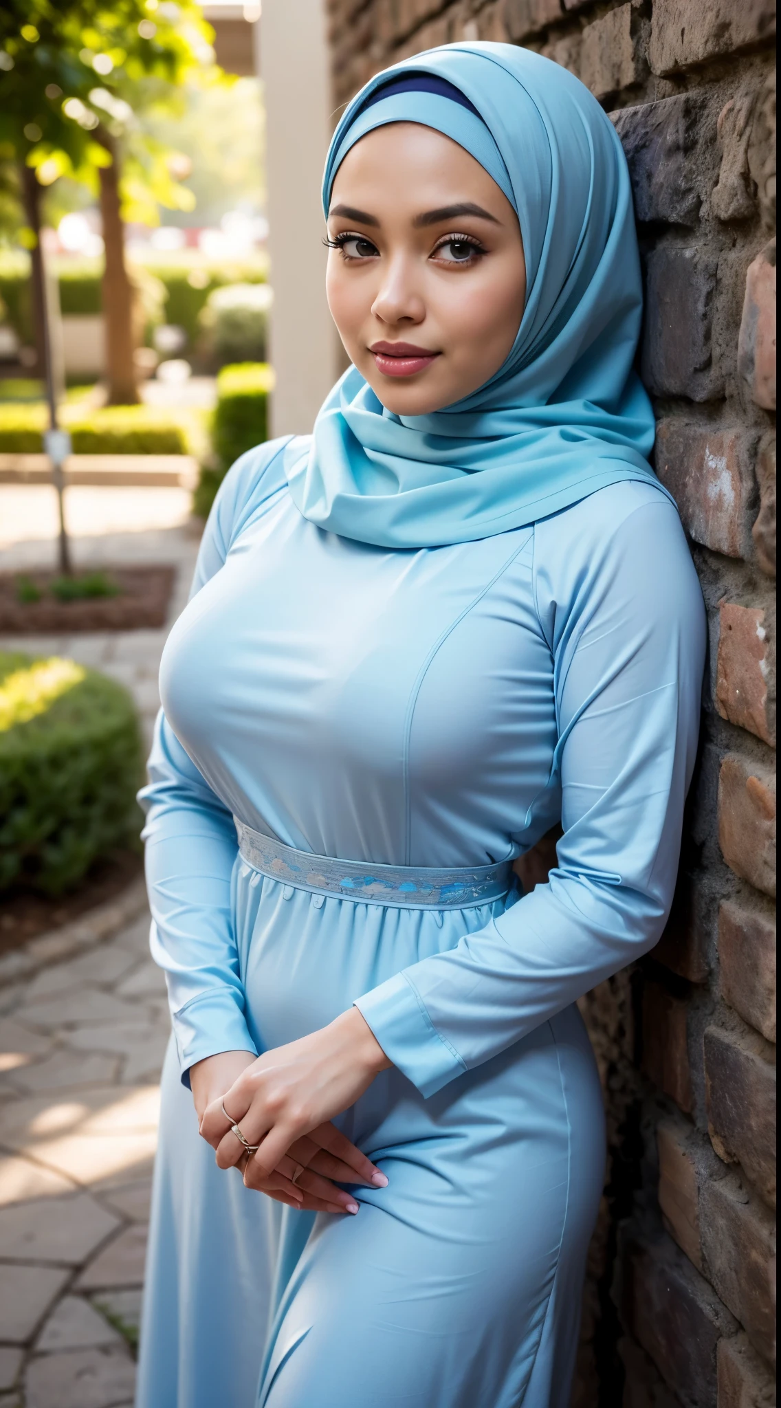 ( Close Up),RAW, Best quality, high resolution, masterpiece: 1.3), beautiful Malay woman in hijab, Masterpiece, perfect body, Big breasts, thick thighs, beautiful big eyes, mole under the eyes, long eyelashes, big eyes, beutifull face, Soft smile, woman wearing a denim dress and a white shirt, long dress female, long dress with apron, modestly dressed, stylish dress, idian dress, full - body - front - shot, dressed thobe, detailed picture , illustrious clothes  Soft turtleneck, evening walk, garden park, Great lighting, Bright colors, Clean lines