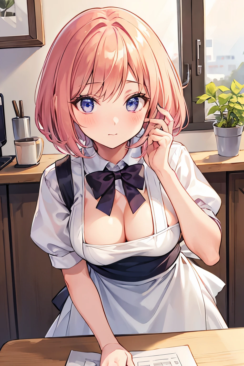 Close-up portrait of a girl, Classic Bob, Apron, Amazing body, pronounced feminine feature, busty, kitchin, [ash blonde | ginger | Pink hair], freckle, flirting with camera