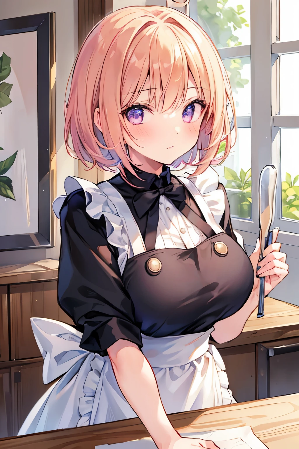 nsfw, 1 girl, game CG, topless frilly maid outfit, cleavage visible, short skirt, maid's hair ornament, maid's small apron, black garter belt, gigantic breasts, pink hair, long hair, low twintails, princess hairstyle, idiot hair, pink eyes, smile, indoors, 1boy, paizuri and fellatio, (cum:1.5),