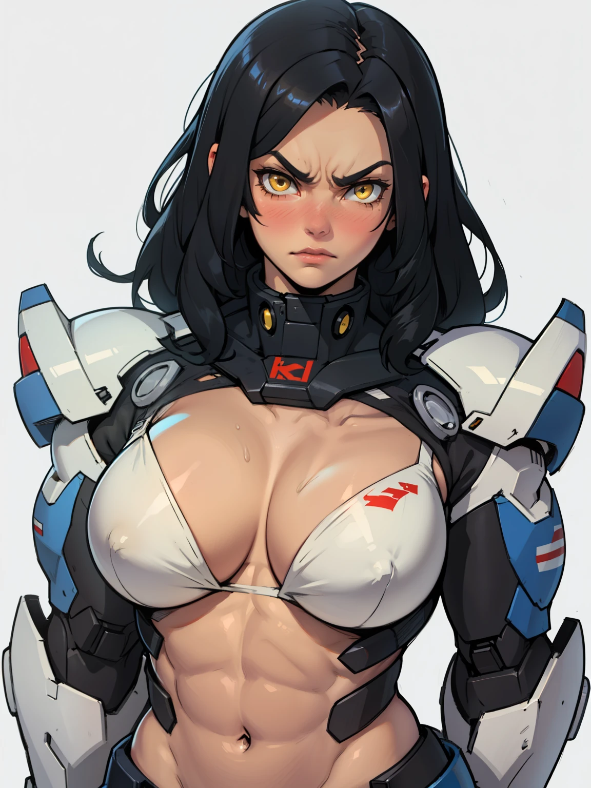 (((muscular girl thick large breasts toned body))) angry blush girl black hair yellow eyes pale skin mecha mecha mecha mecha mecha mecha