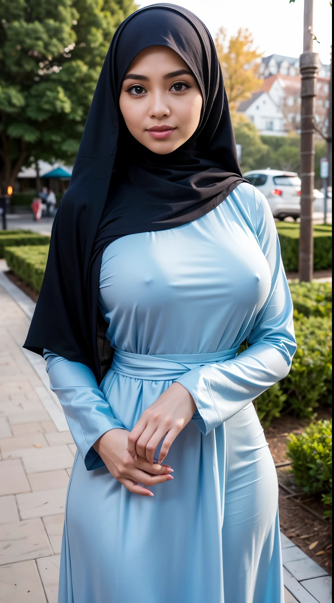 ( Close Up),RAW, Best quality, high resolution, masterpiece: 1.3), beautiful Malay woman in hijab, Masterpiece, perfect body, , thick thighs, beautiful big eyes, mole under the eyes, long eyelashes, big eyes, beutifull face, Soft smile, woman wearing a denim dress and a white shirt, long dress female, long dress with apron, modestly dressed, stylish dress, idian dress, full - body - front - shot, dressed thobe, detailed picture , illustrious clothes  Soft turtleneck, evening walk, garden park, Great lighting, Bright colors, Clean lines