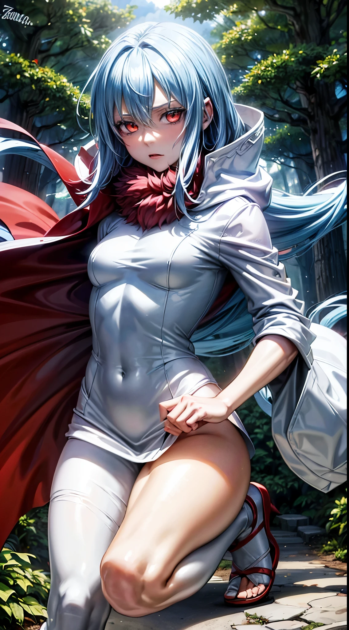 (a age tensei shitara slime anime character) Rimuru Tempest, with prominent and piercing eyes of a (((scarlet red))), which exude an aura of cold determination and a sharp intelligence, (hair is light heavenly blue), flowing and smooth, neutral mouth, cold gaze, reflecting an unshakable personality and an indomitable spirit, The white hood that covers the character's head adds a touch of mystery and nobility, complementing his enigmatic and powerful presence, complete character, ((( setting in the forest))), white skin, highly detailed scenery, (wearing a white sheet), full body shot, (cold expression), sideways character looking to the left side of the scenery