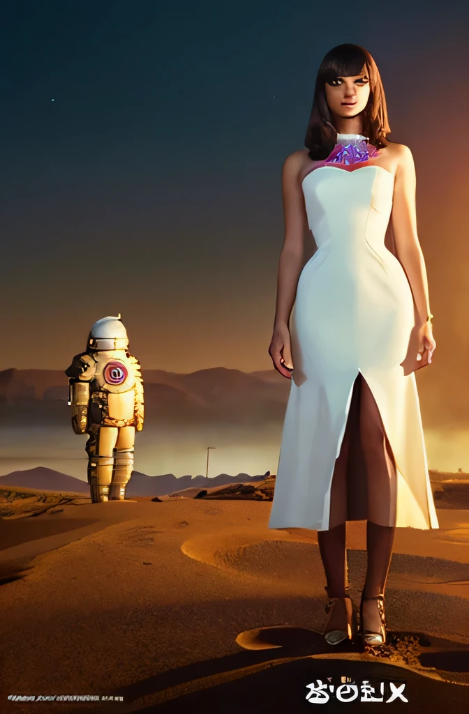 a person々Alafed image of a woman in a white dress standing in front of a group of, 7 0 sec Science - FI Art, attractive brown hair woman, still frame from a movie, Hyper maximalist, promotional render, by Menes, cosmic bjork, steampunc, velma, Mars attack, circa 1970, CP2077