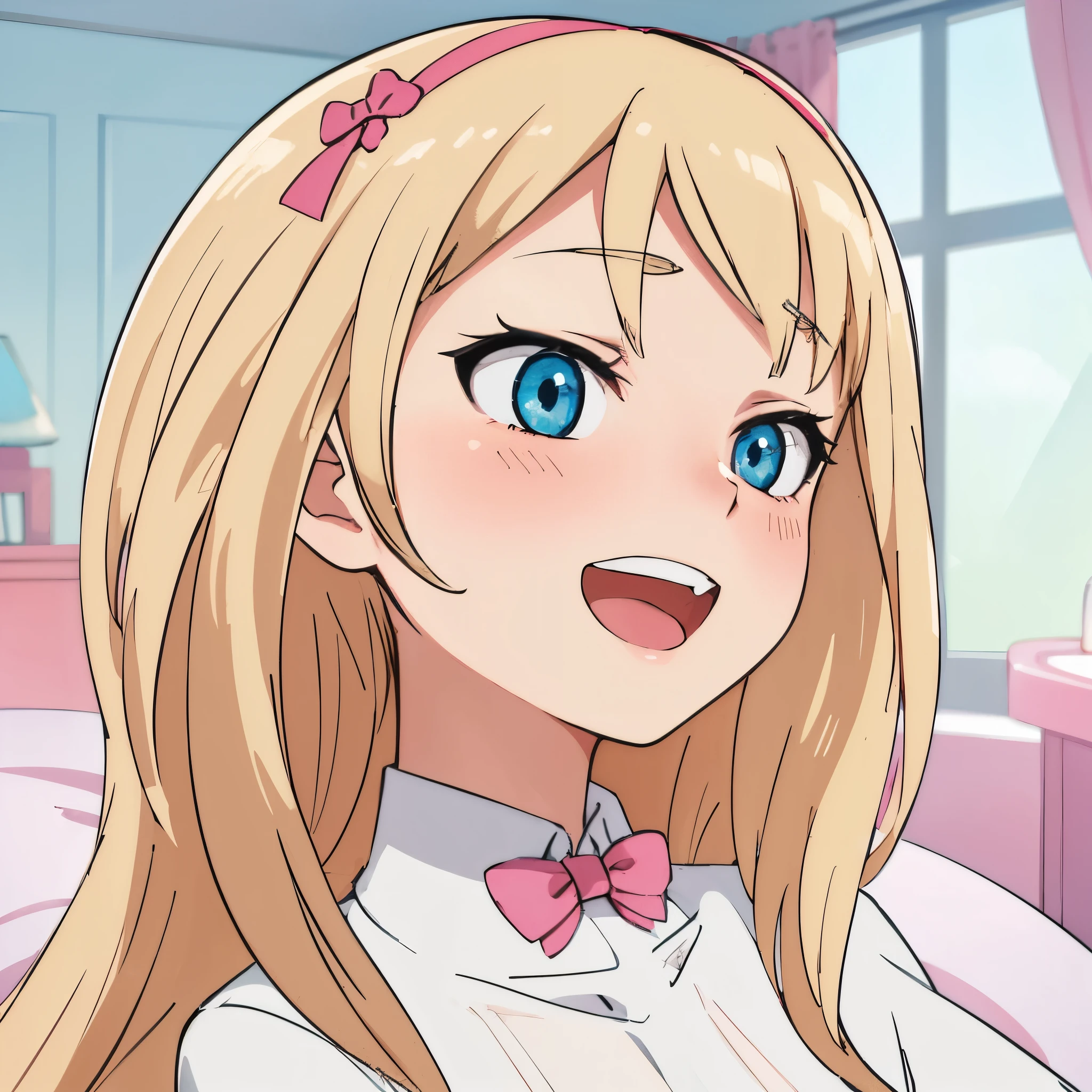 hiquality, tmasterpiece (One teenage girl). blonde woman. blue eyes. ssmile. open mouth with teeth. white  shirt. Pink Bow. In the background is a girl&#39;At the same time, If you.