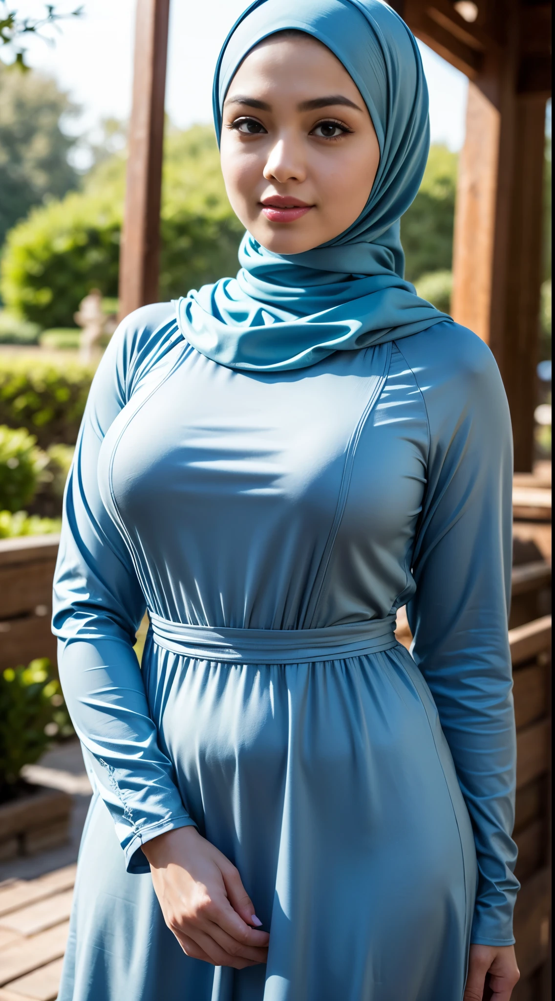 RAW, Best quality, high resolution, masterpiece: 1.3), beautiful Malay woman in hijab,Masterpiece, perfect slim fit body, big breast,big gorgeous eyes, Soft smile,a woman wearing a blue dress and a pink purse, blue tunic, tight light blue neopren suits, light-blue, sky blue, pale blue outfit, light blue, sky - blue dress, , blue outfit, pastel blue, teal tunic, blue turtleneck, women full body, blue - print, white legging , (Delicate turtleneck) , necklace, shairband, afternoon walk, City garden, Excellent lighting, Bright colors, Clean lines