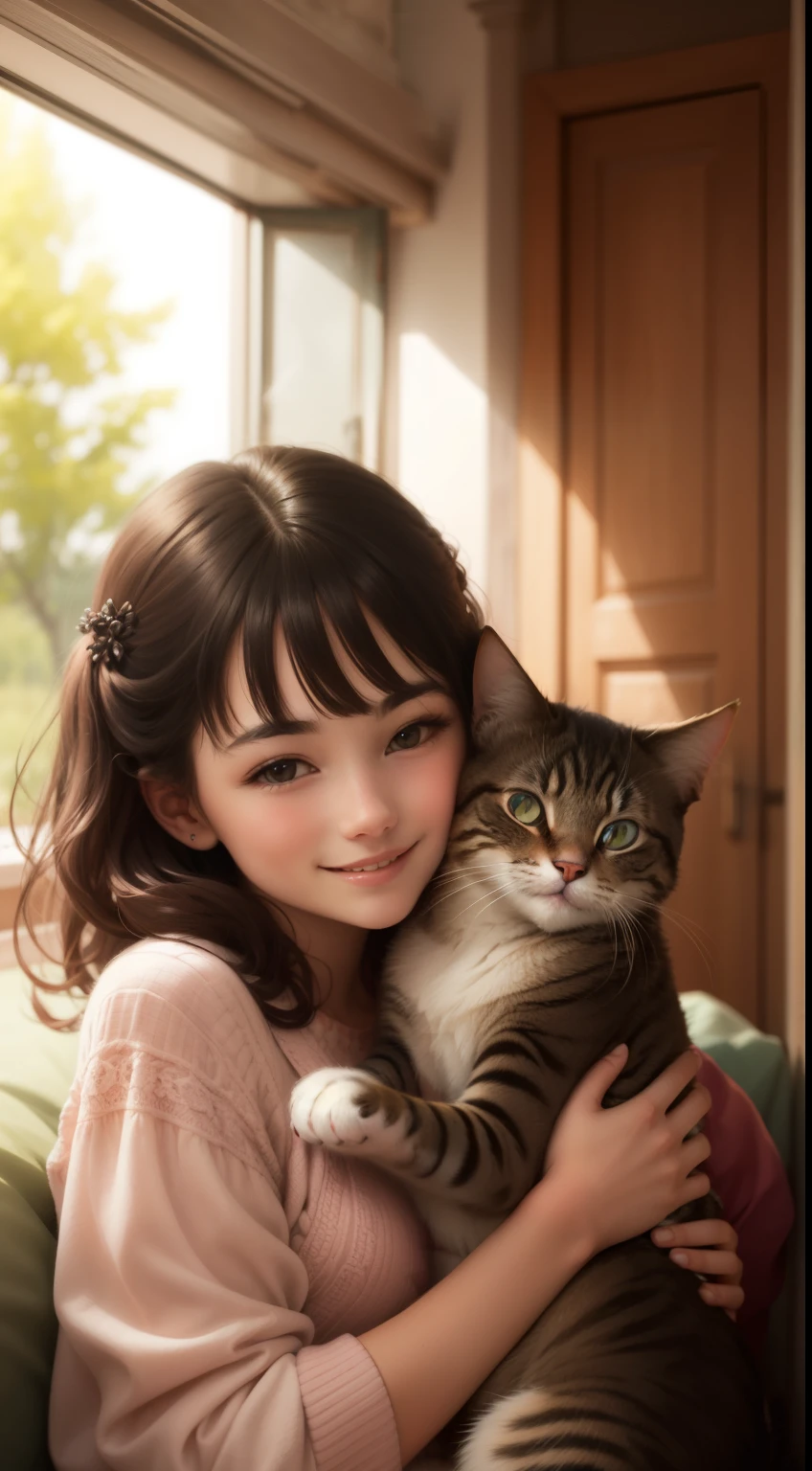 girl hugging a cat, smiling, normal fingers,