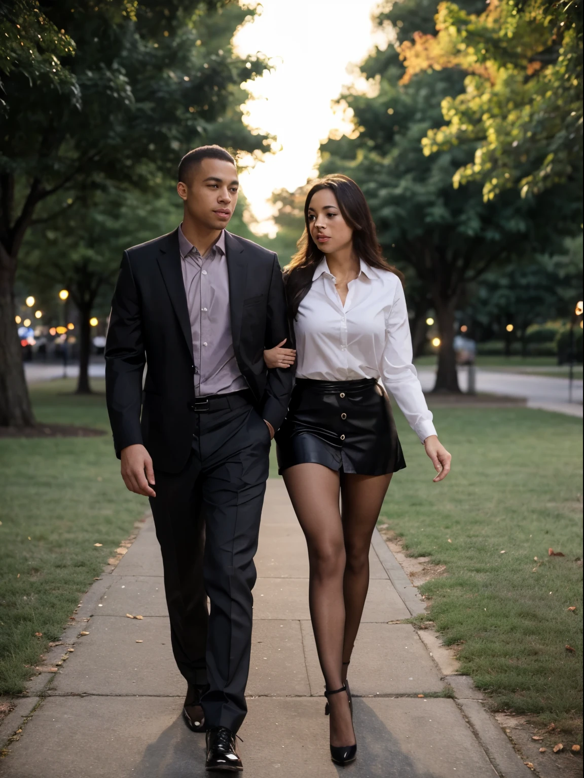 A photorealistic portrait of a 30-year-old Indian woman with big-sized breasts, wearing a cute white top and blue mini skater skirt(( women wearing white top with blue skater skirt)), sexy legs, wearing blue high heels,red lipstick, very laughing white teeth,She 
standing with big black cock man ((bbc handsome man wearing black shirt with white jeans)) giving very adult seductive poses in park,((they are hugging)),captured in close up  full-body shot, 8k resolution, with high detail and quality.