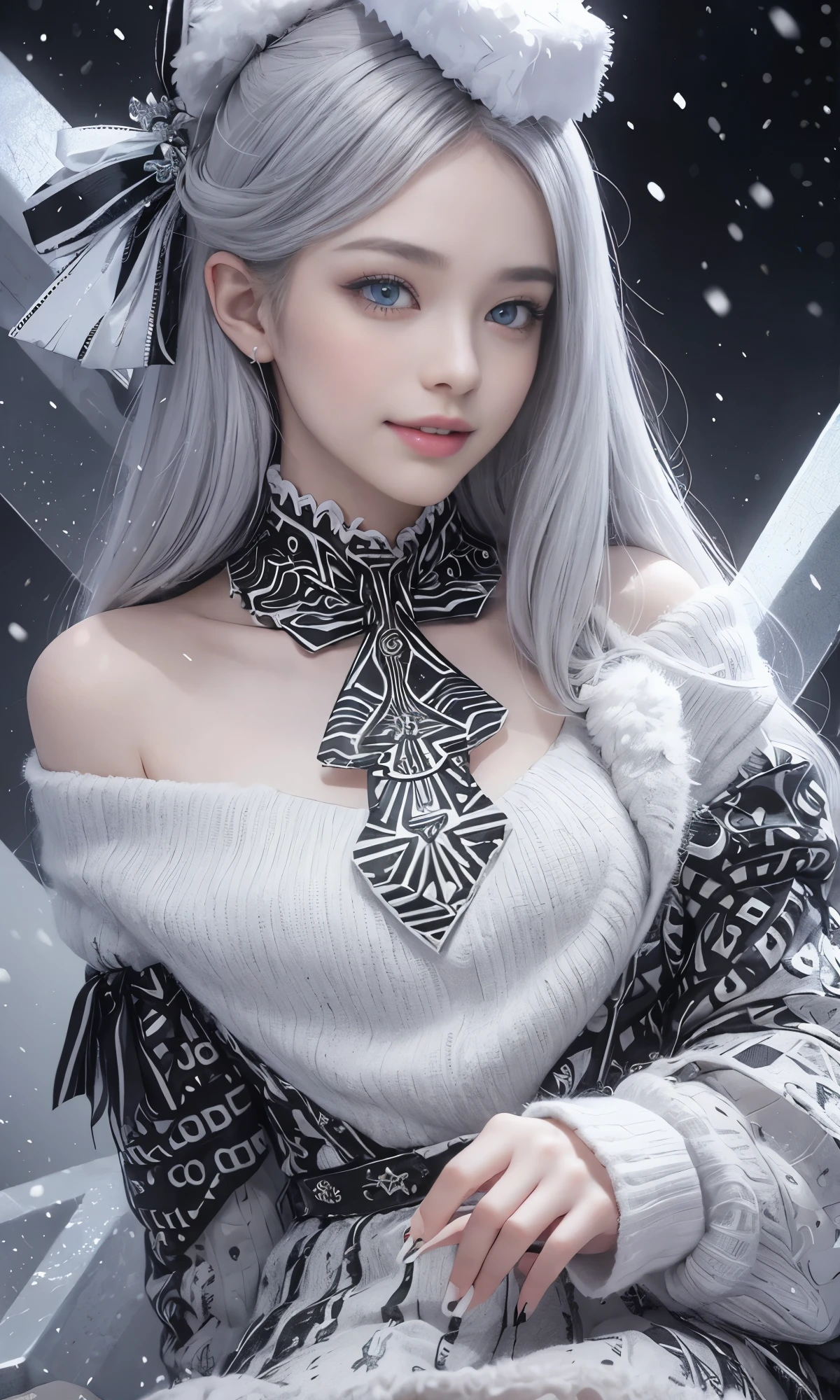 (Realistic:1.8), (Digital art:0.2), (Geometric art:1.7),(agpi official art, beautiful and aesthetic, ultra detailed, beautiful, masterpiece, best quality:1.6), (1girl:1.2), Detailed face, Detailed eyes, Detailed hair, young fingers, Detailed fingers, five fingerREAK cute ig model, Japanese cute model, 22 years old, Tightened all body, small head, small face, small mouth, diamond Face, small nose, Sharp Faceline, (dropy eyes, Double eyelid, Light color eyes, Glossy eyes, Shiny eyes:1.2), Shiny skin, shiny hair, (gray hair:1.2),
_
BREAK (happy, smile, Teeth, Glossy Lip:1.2),beautiful Teeth, (upper body:1.5), sitting, from front,
_
BREAK (BLACK and White theme:1.4), (Cute Christmas theme:1.2), (fluffy Santa hat with ribbon:1.2), (adorable BLACK and white candy cane-striped off-shoulder top:1.2), (short length White pleated skirt with subtle Polka dot pattern:1.2), (festive knee-high socks with small bows:1.2), (festive White and BLACK ankle boots:1.2), BREAK (sparkling snowfall background:1.2), (Fog, mist:1.4),(joyful expression:1.2), (holding a cute gift box with a big bow:1.2), (gentle snow breeze:1.2),